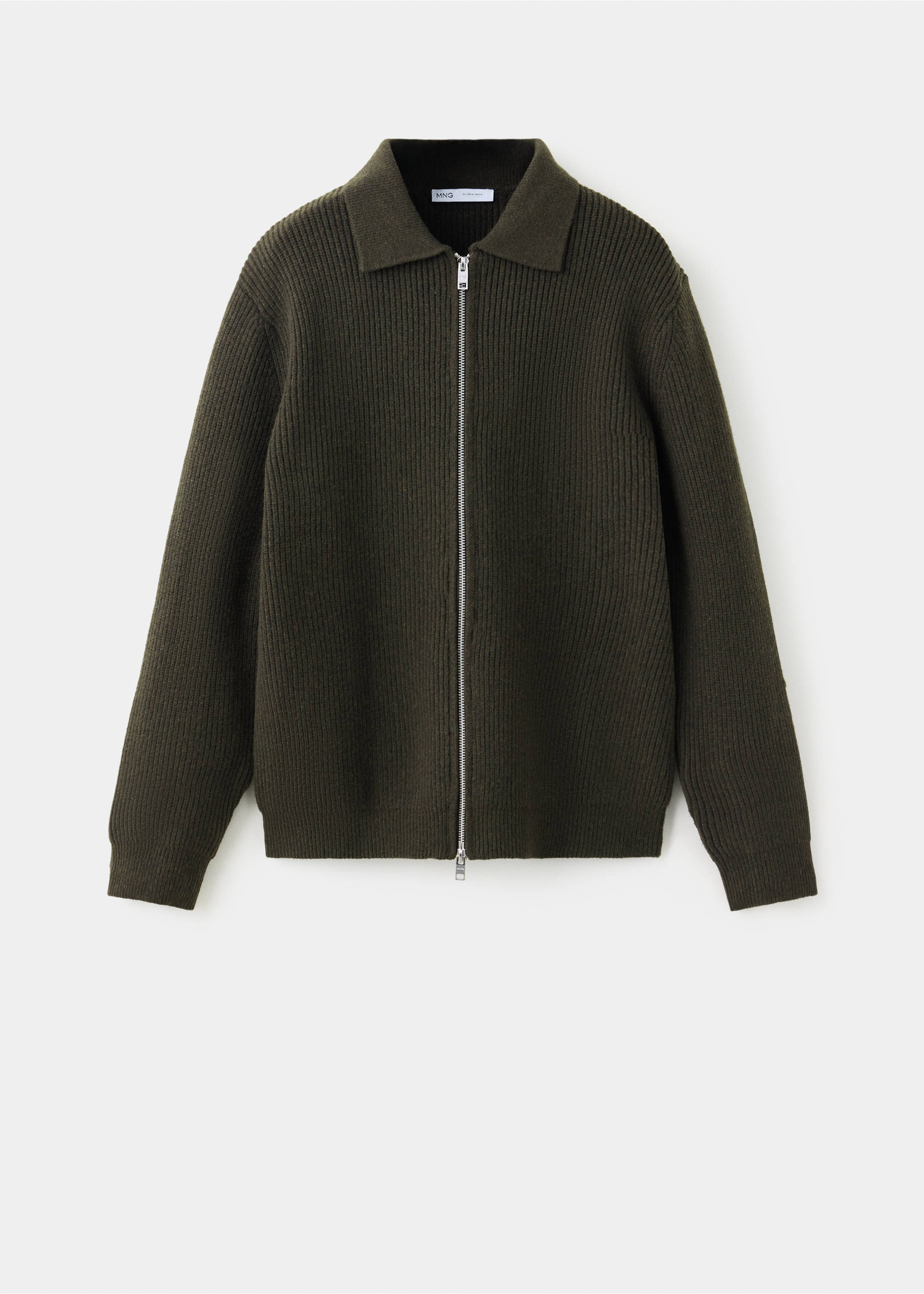 Dark green ribbed knit zip-up cardigan with a collar., Khaki. Ref: 37067916-00.