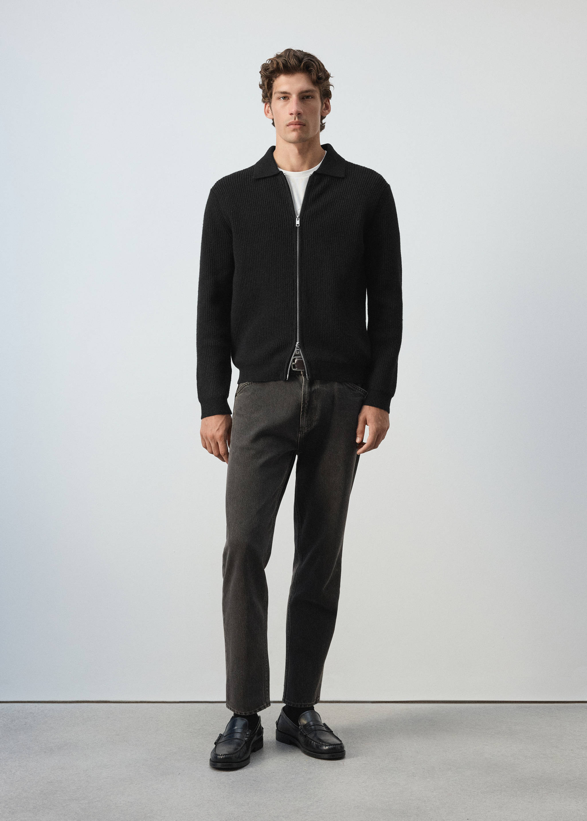 Cardigan en mélange de laine et coton, côtelé - Plan général