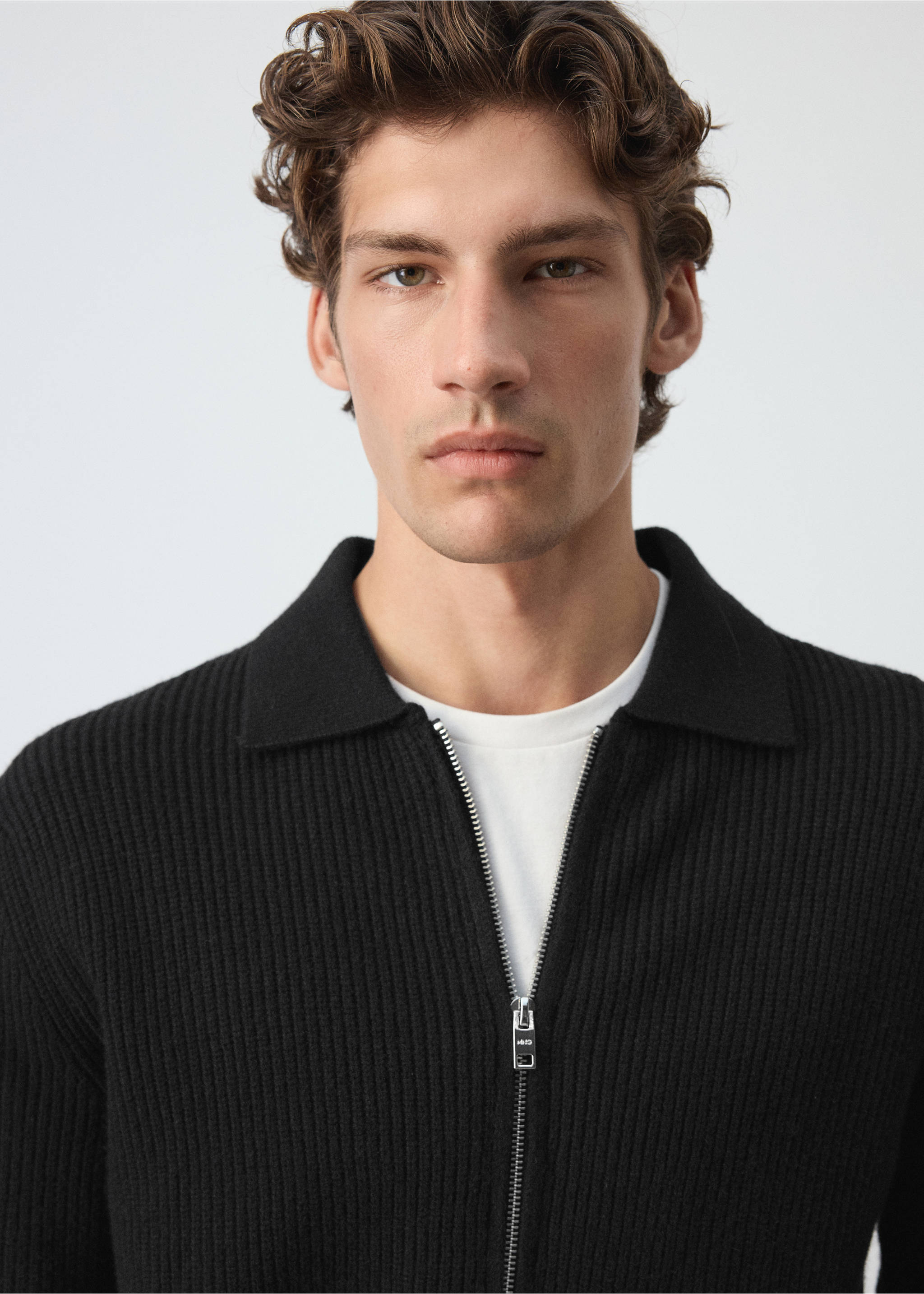 Ribbed wool and cotton blend cardigan - Details of the article 1, Black. Ref: 37067916-00.