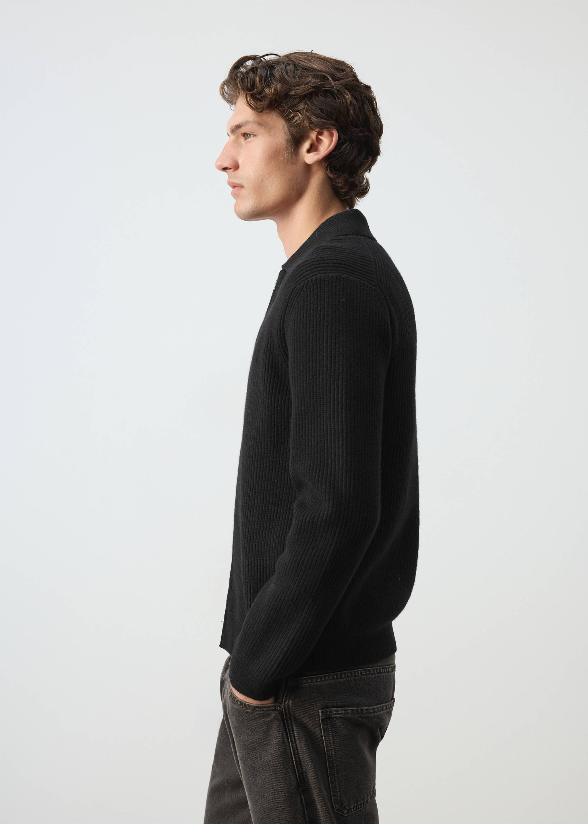 Ribbed wool and cotton blend cardigan - Details of the article 2, Black. Ref: 37067916-00.