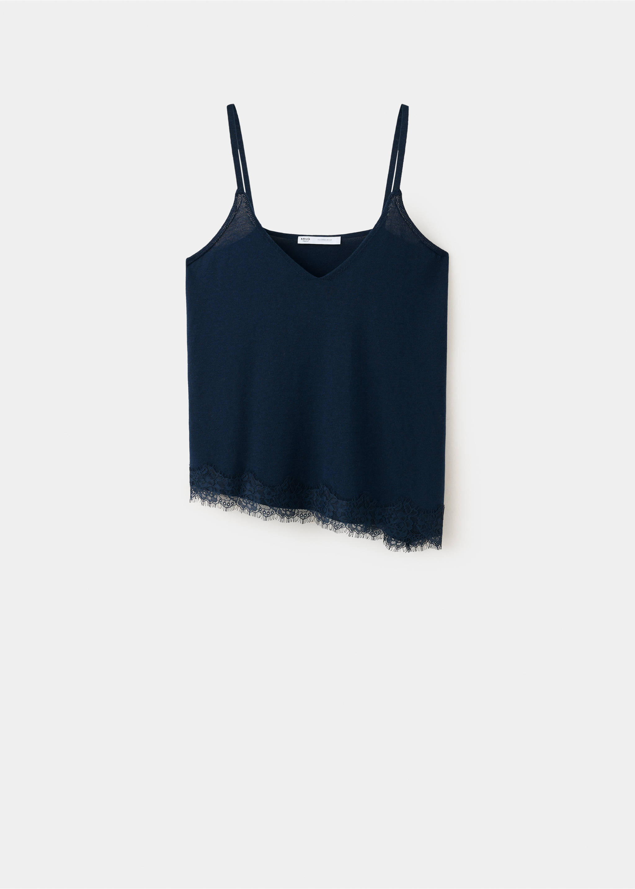 Navy blue camisole top with thin straps and asymmetrical lace hem., Navy. Ref: 37067917-00.
