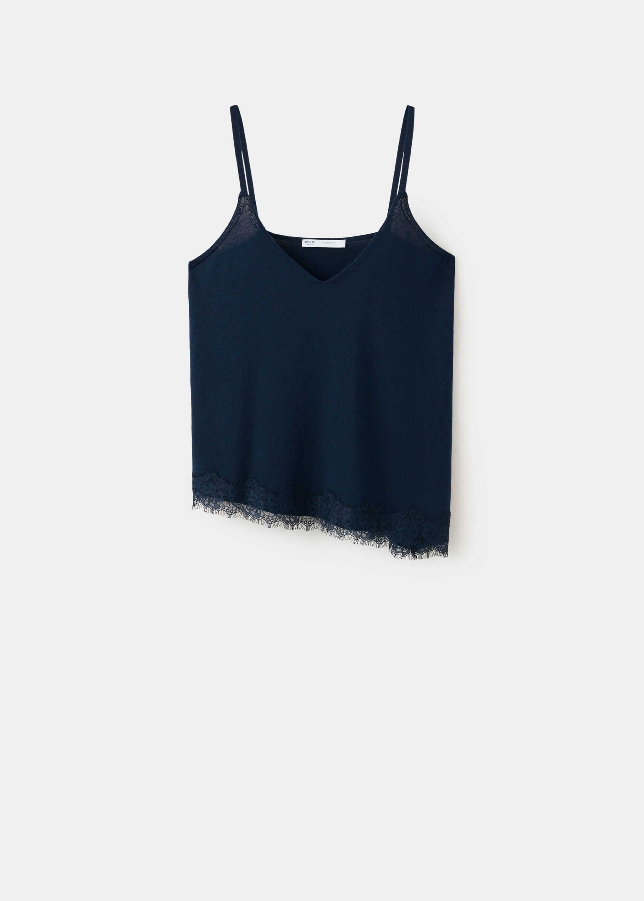 Navy blue camisole top with thin straps and asymmetrical lace hem.