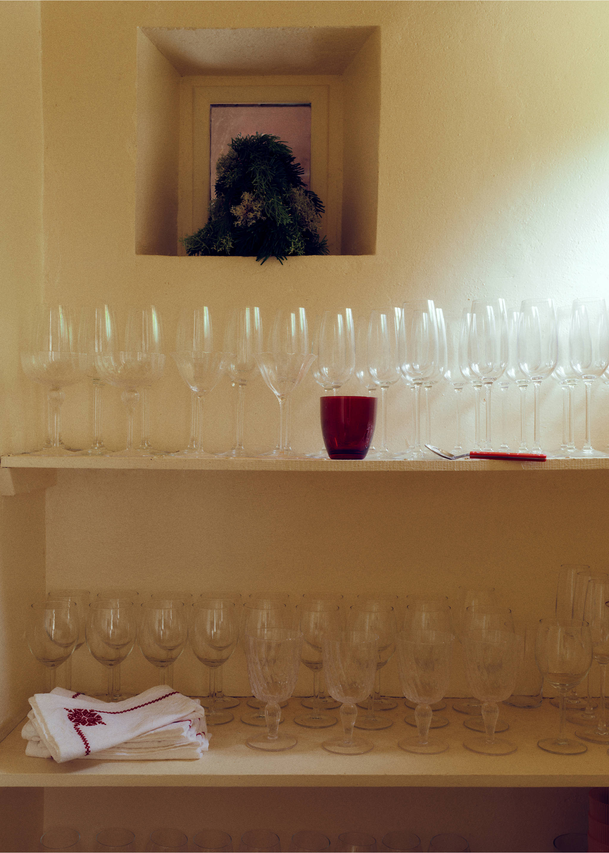 A dark red tumbler displayed on a wooden shelf among wine glasses., Red. Ref: 37067919-00.