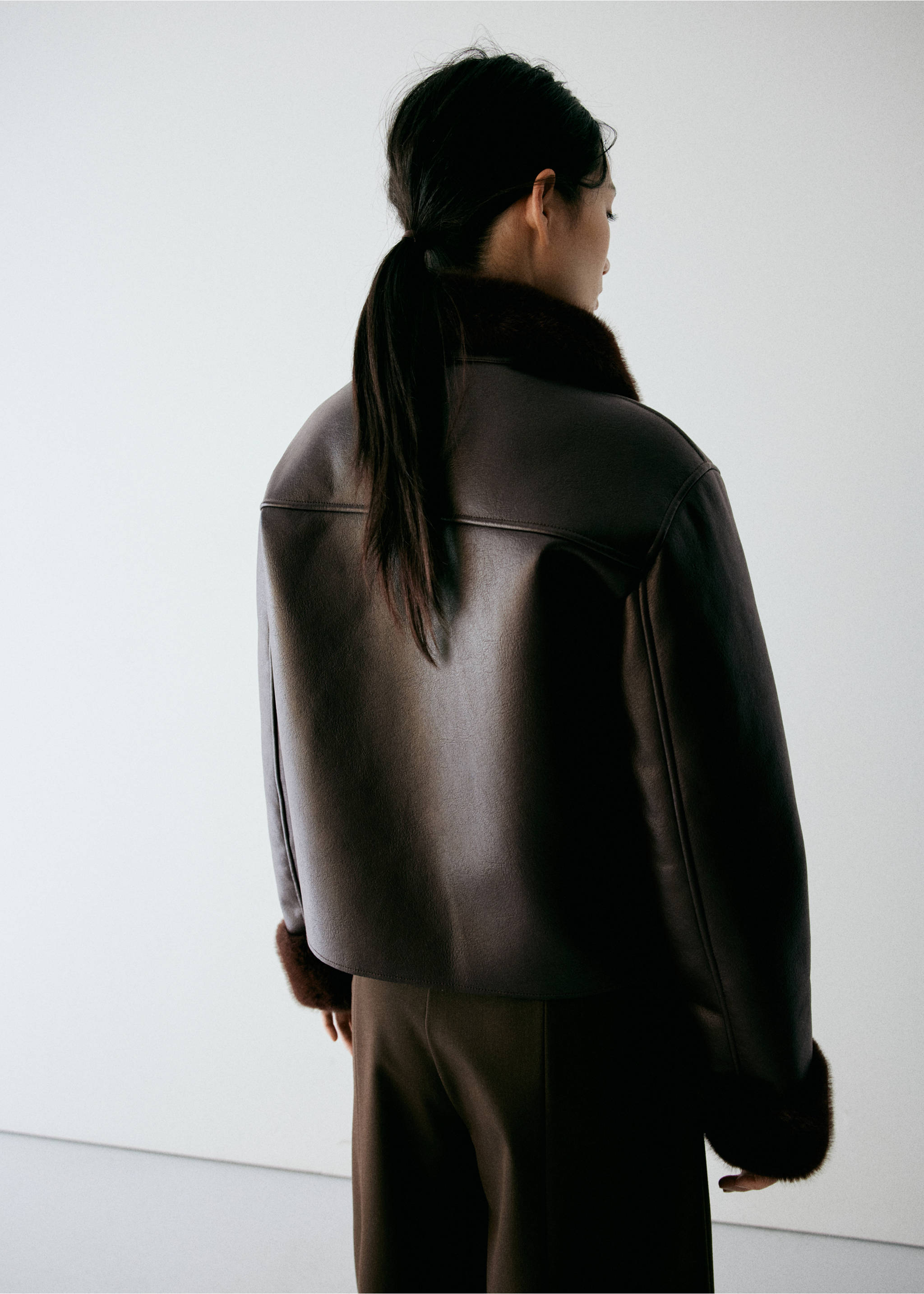Faux leather jacket with fur trim - Reverse of the article, Chocolate. Ref: 37067920-00.