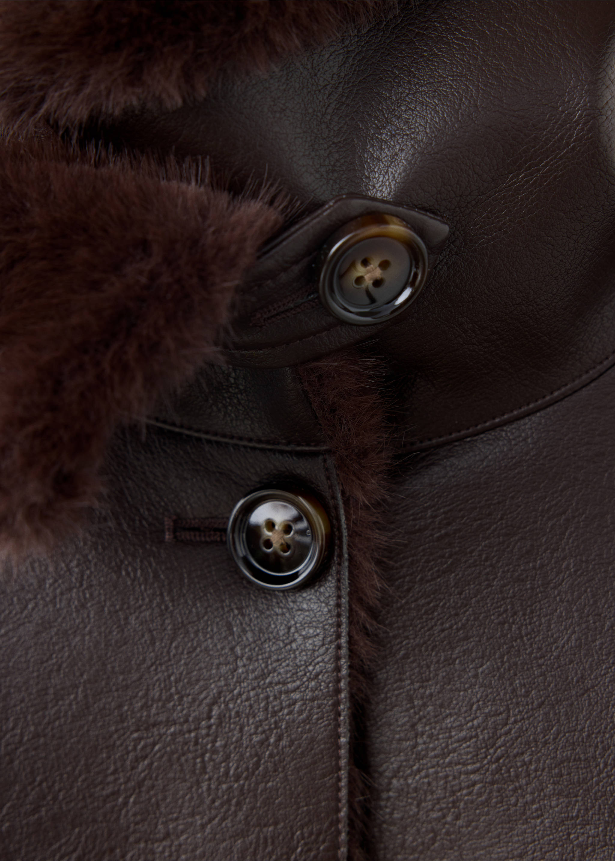 Brown faux-shearling jacket detail with buttons and collar., Chocolate. Ref: 37067920-00.