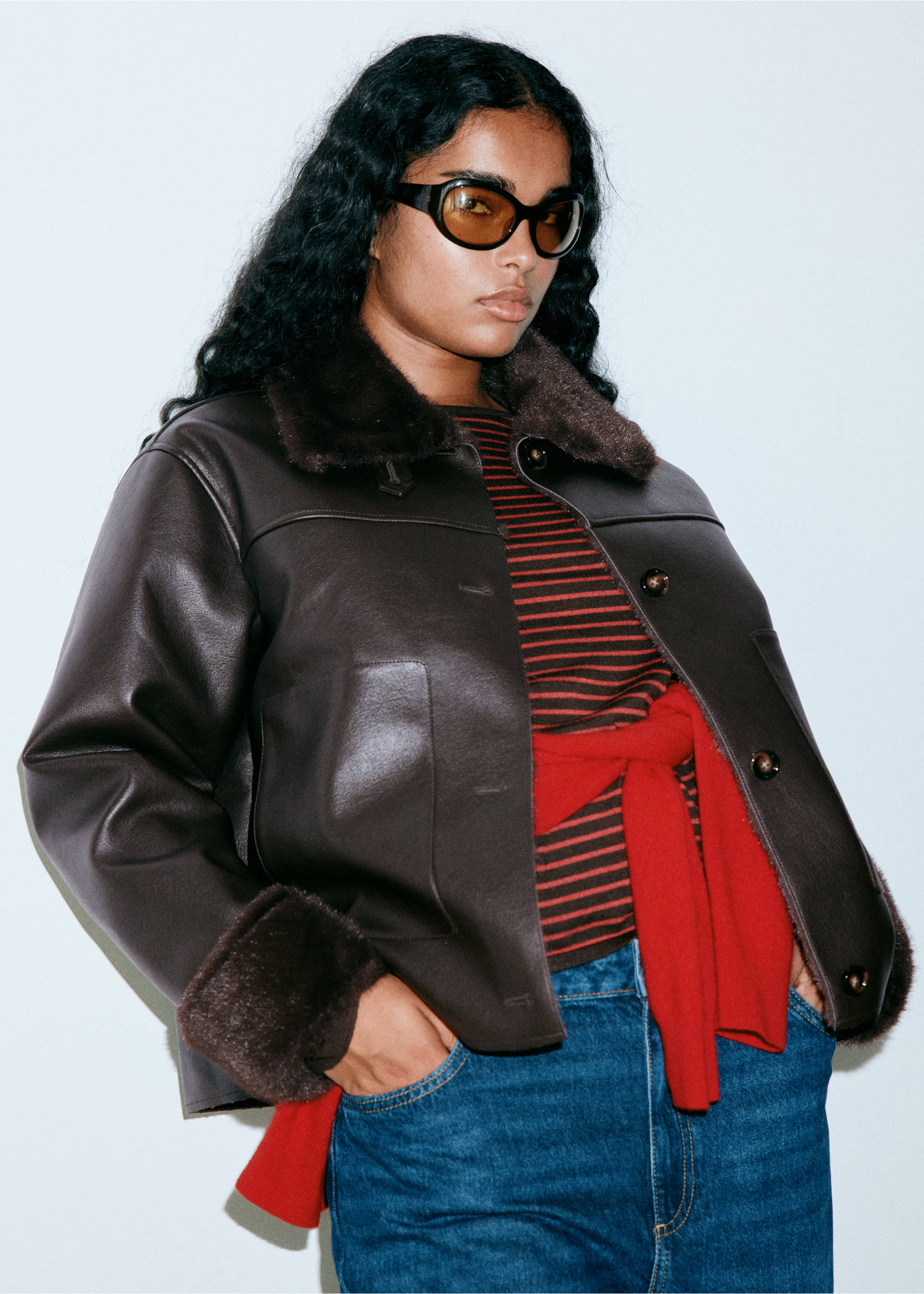 Faux leather jacket with fur trim - Details of the article 6, Chocolate. Ref: 37067920-00.
