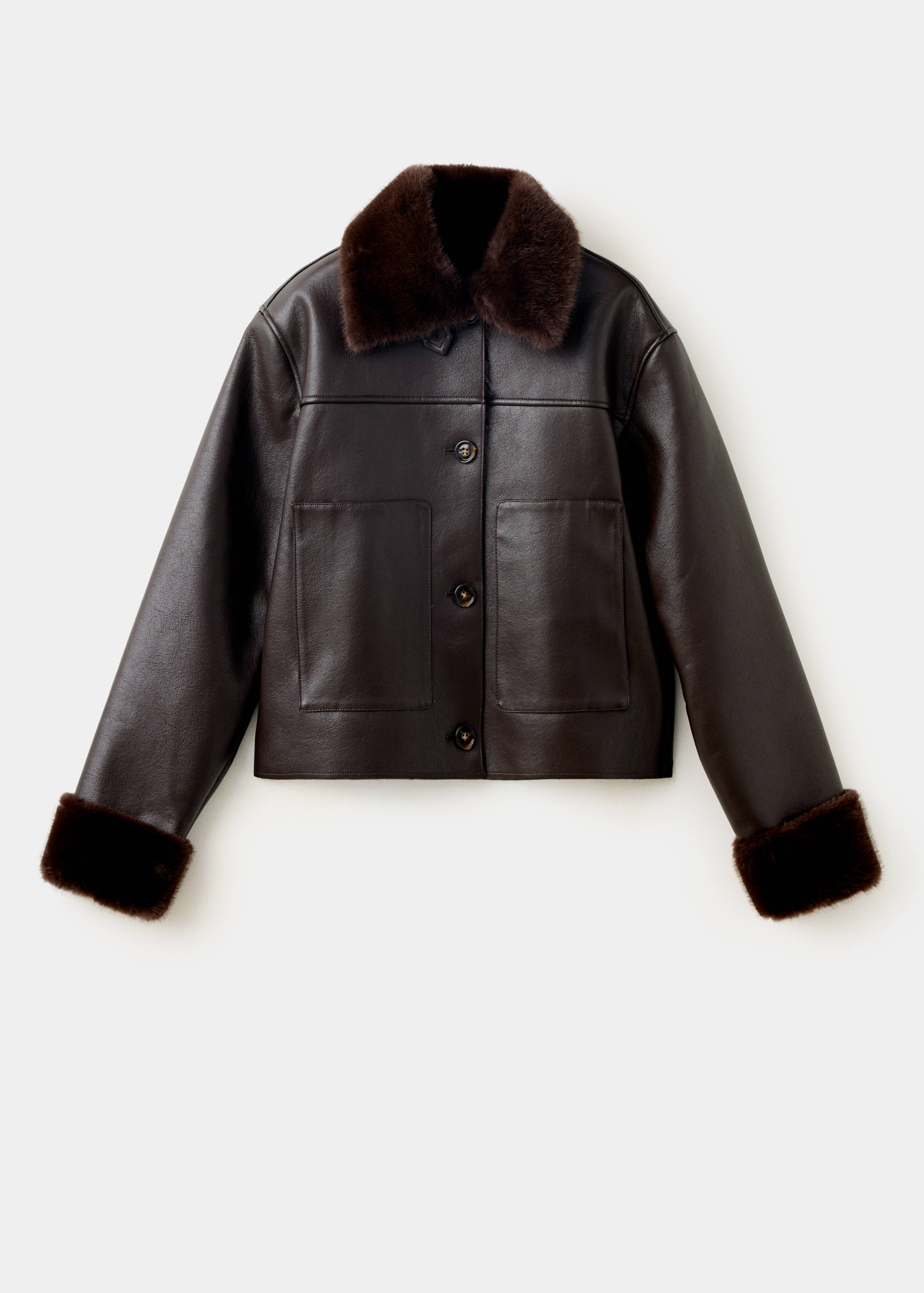 Dark brown faux-leather jacket with plush faux-fur collar and cuffs.