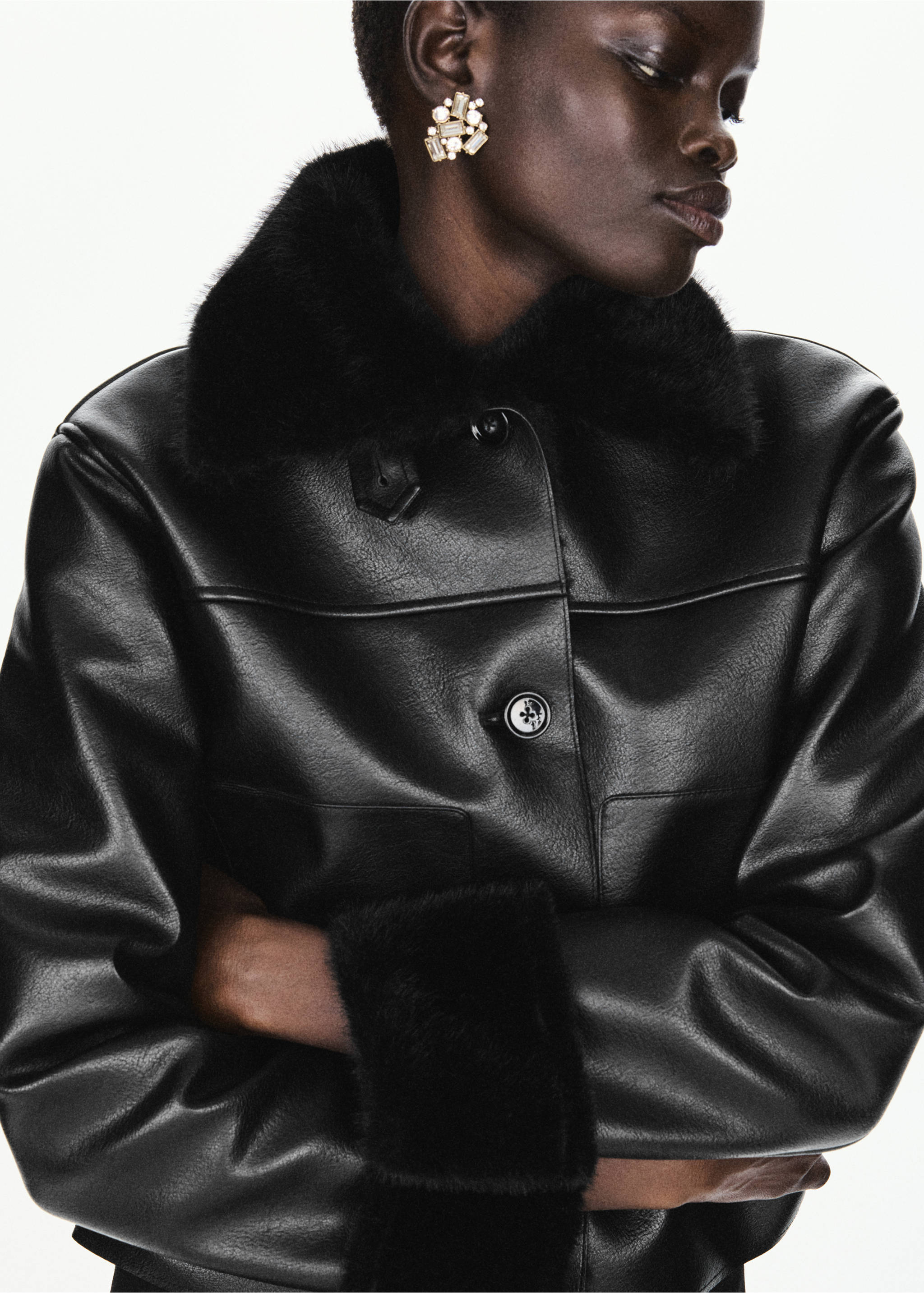 Black jacket with plush faux-fur collar and cuffs., Black. Ref: 37067920-00.