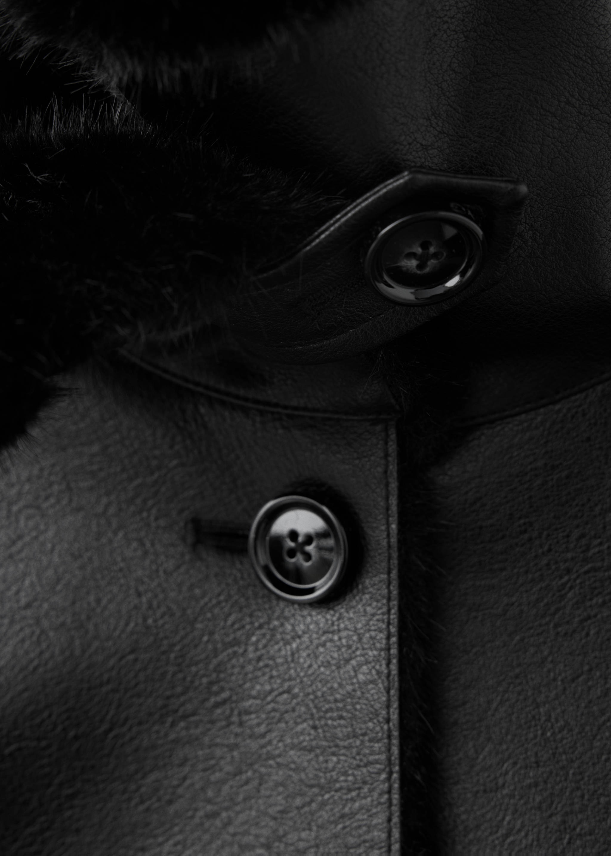 Black jacket texture detail showing faux-fur trim and button closure.