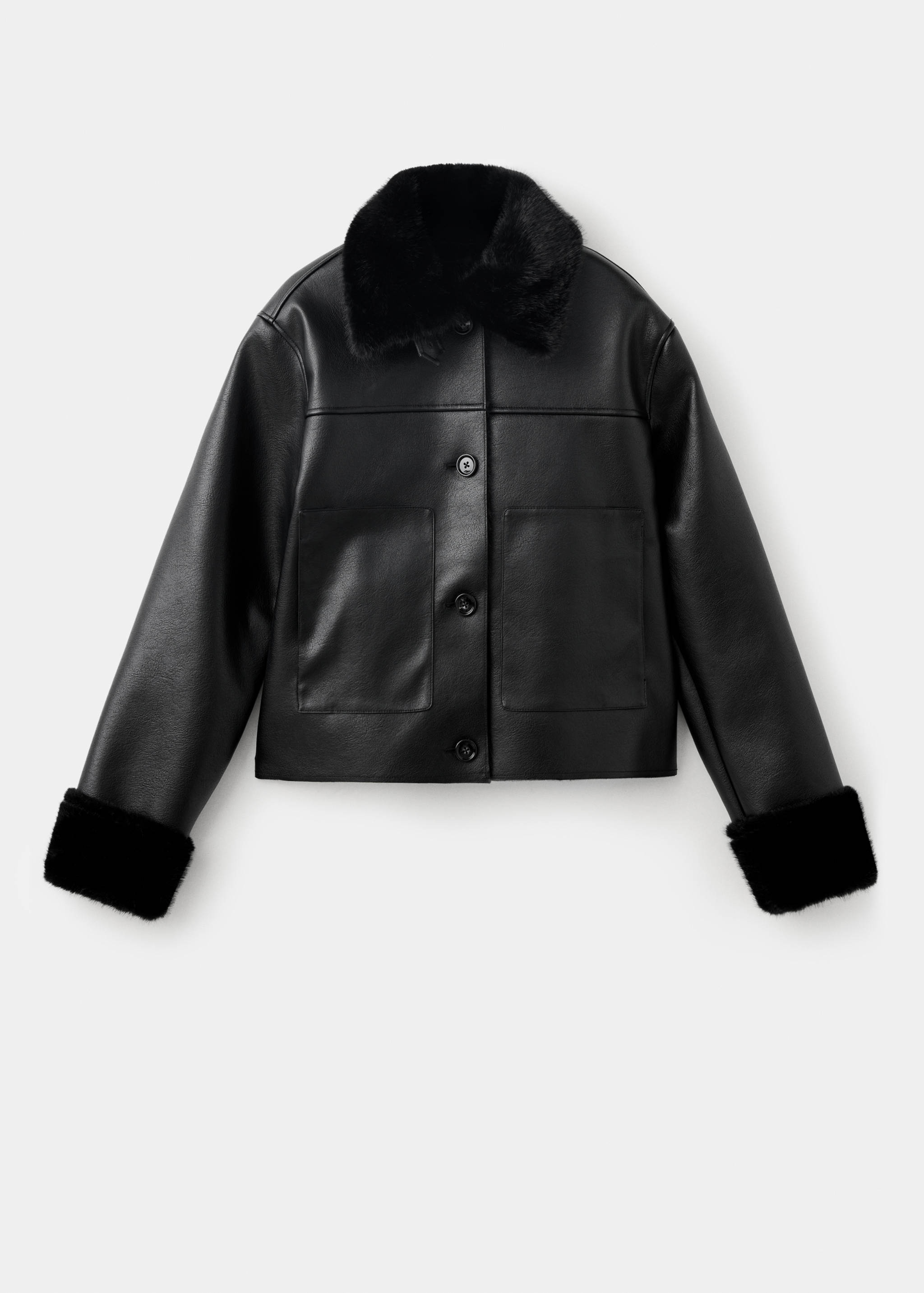 Black jacket with faux-fur collar, cuffs, and patch pockets.