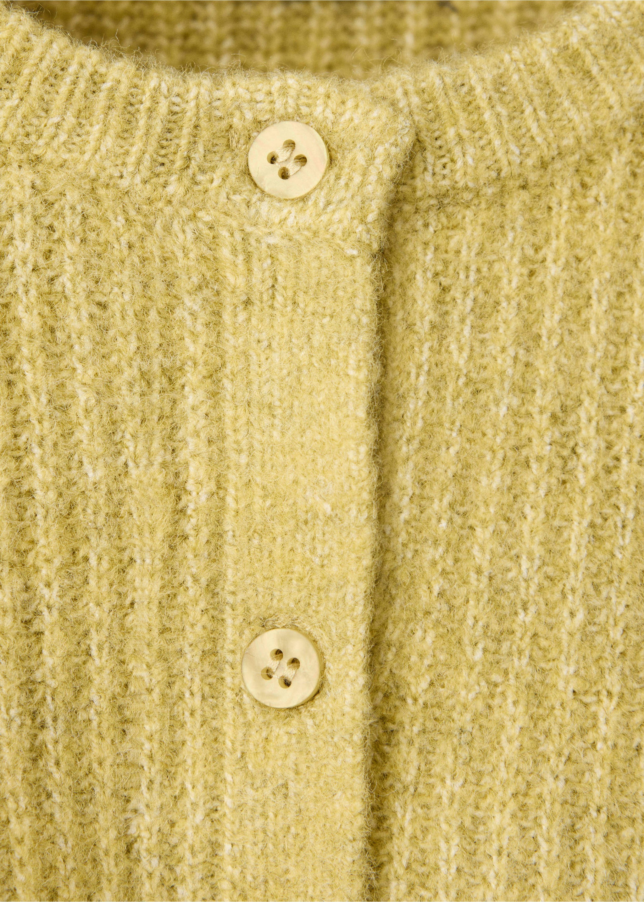 Close-up of a yellow-green knitted cardigan with button placket., Lime. Ref: 37067923-00.