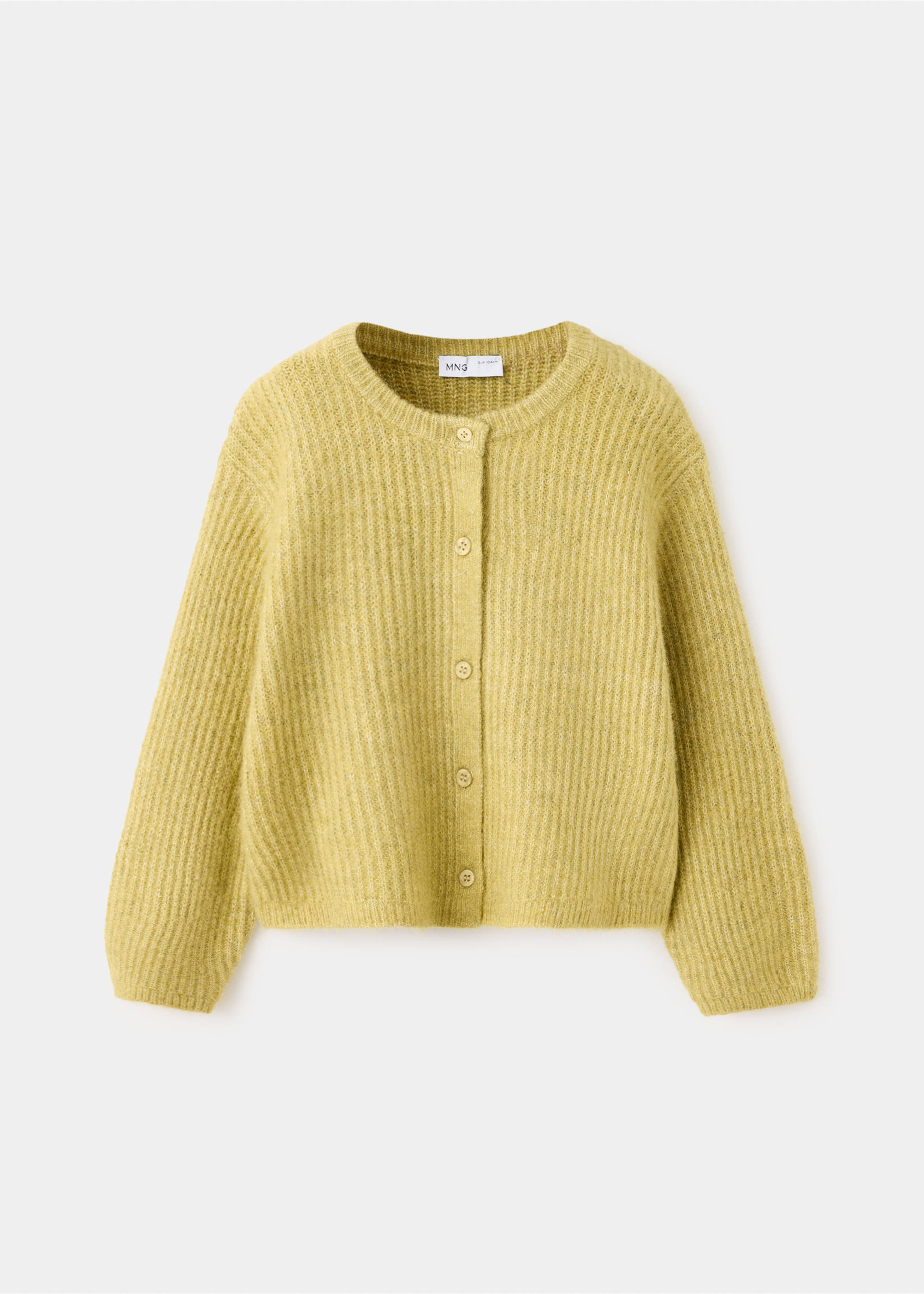 Yellow-green ribbed knit cardigan with a round neck and front buttons., Lime. Ref: 37067923-00.
