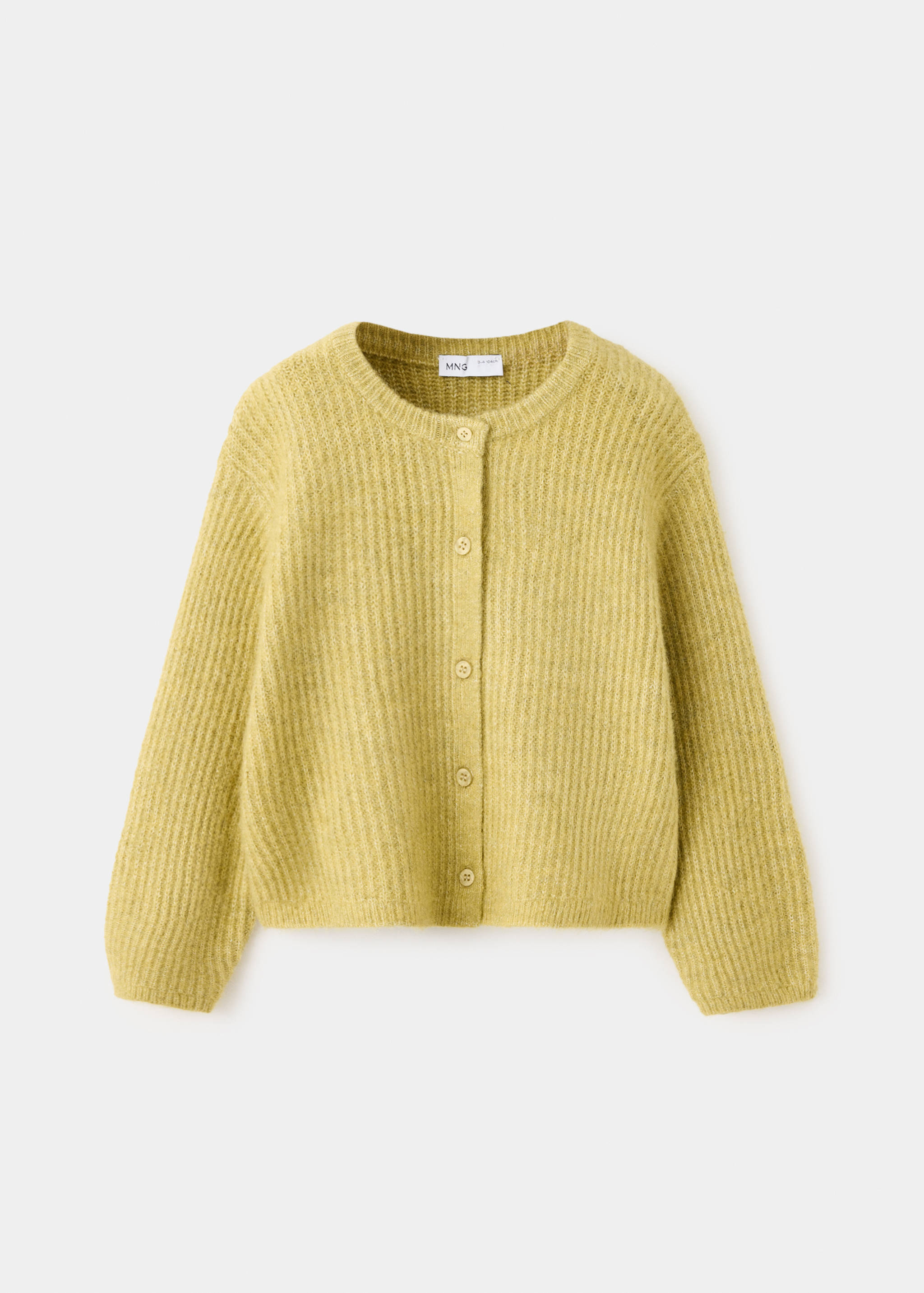 Yellow-green ribbed knit cardigan with a round neck and front buttons.