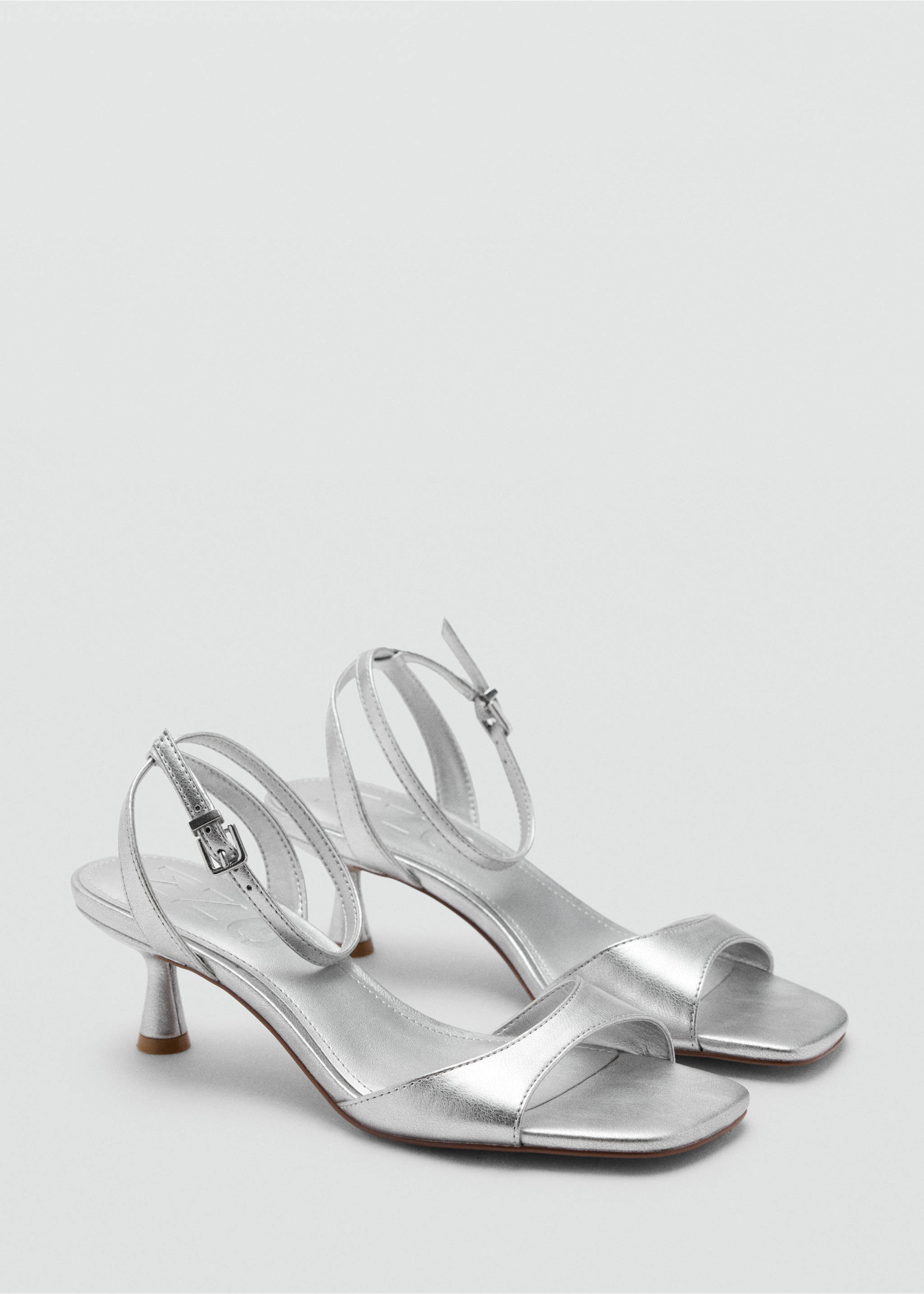 Metallic silver heeled sandals with a square toe and slim ankle strap., Silver. Ref: 37067924-00.