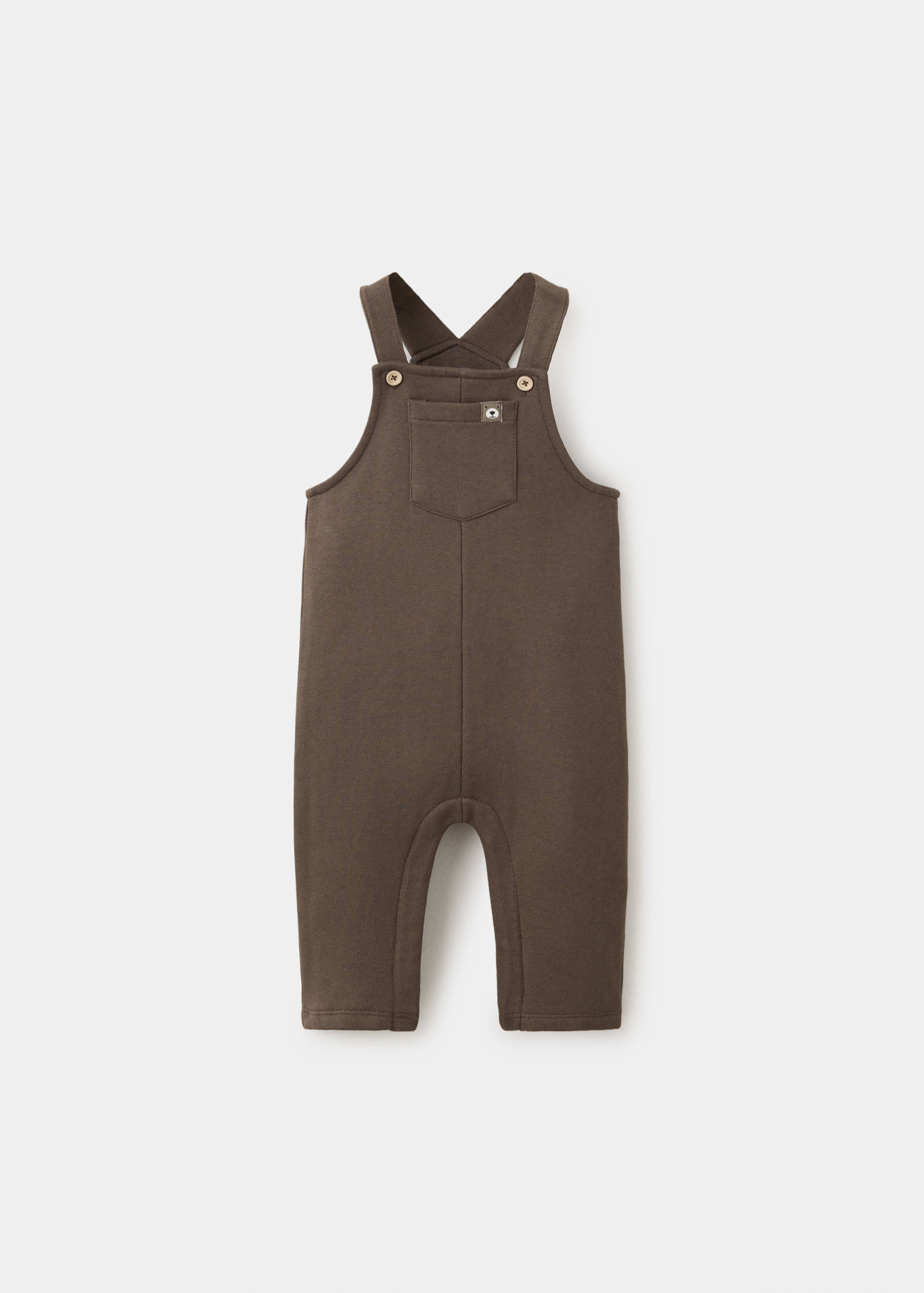 Dark brown children's dungarees with front pocket and buttoned straps.