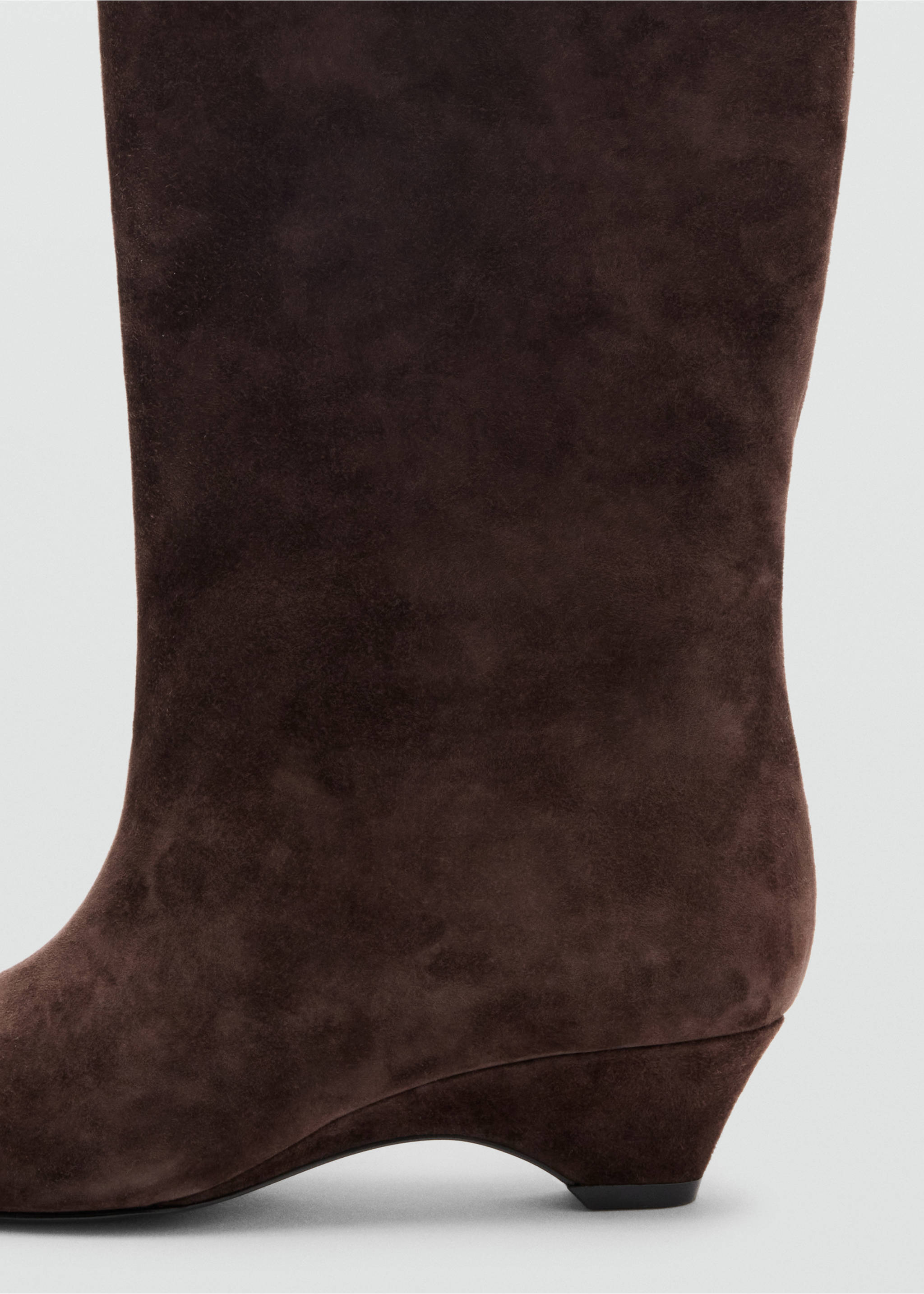 Dark brown suede boot detail showing the heel and lower shaft., Chocolate. Ref: 37067926-00.