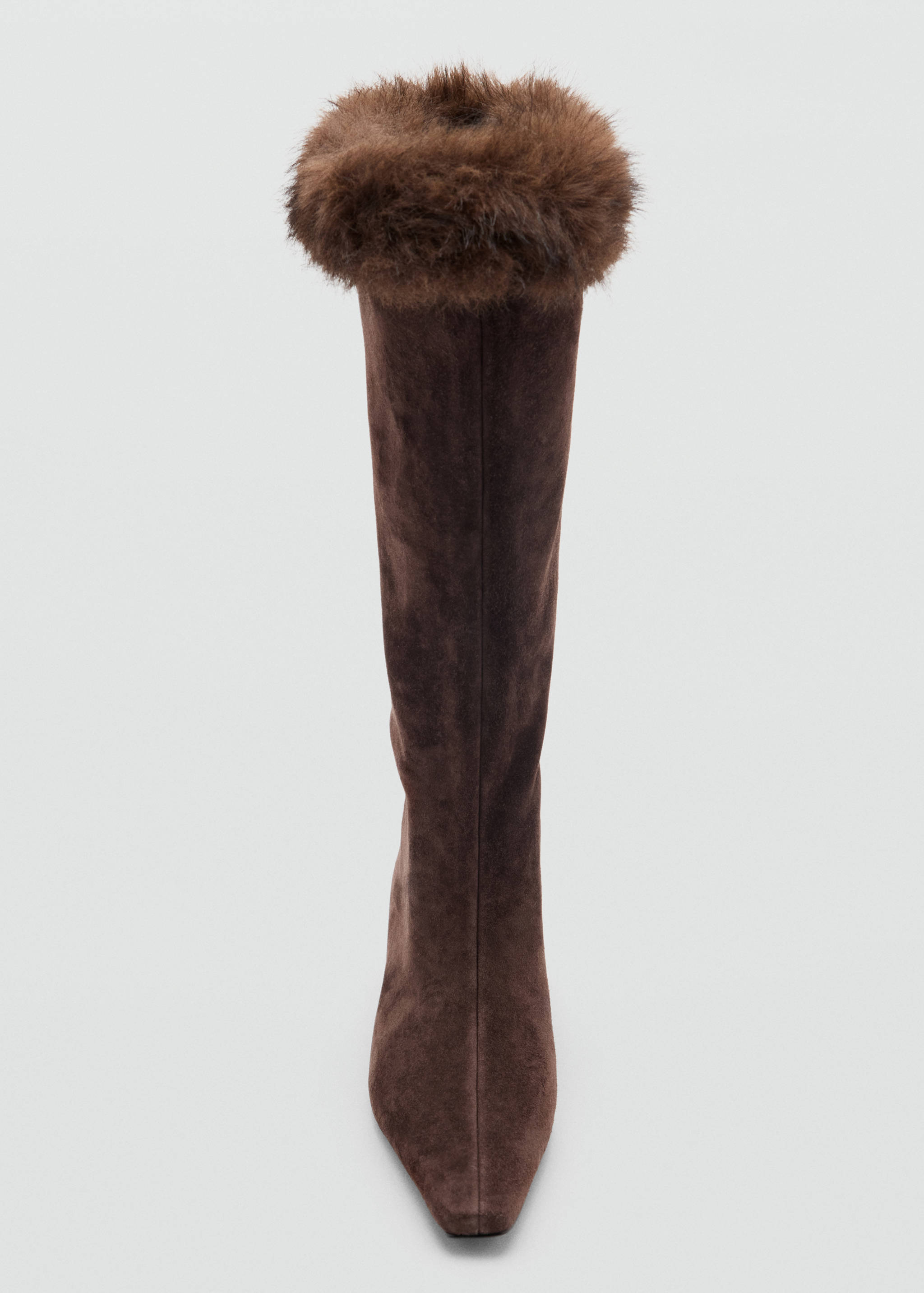 Brown suede knee-high boot with a fluffy faux-fur cuff.
