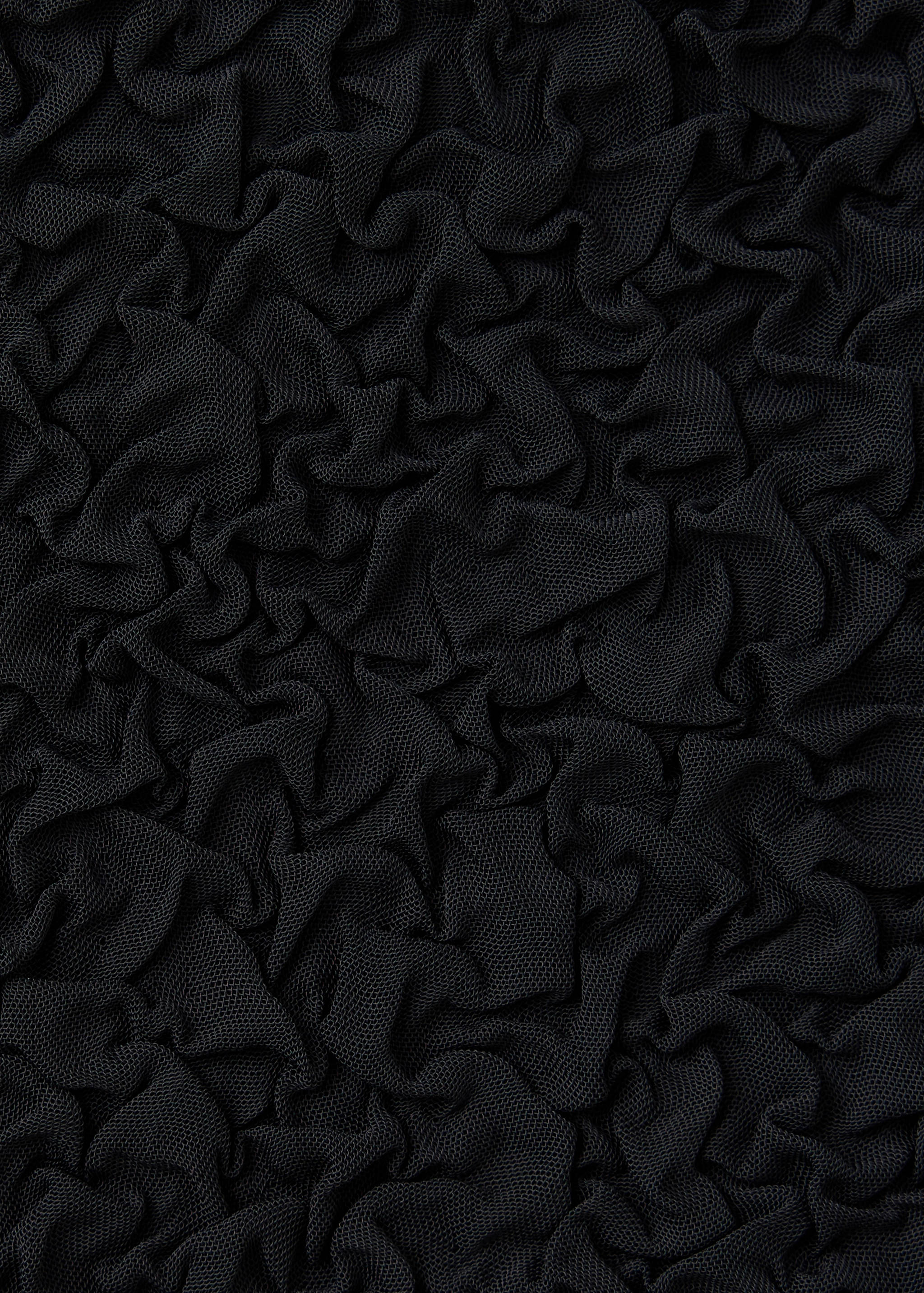 Close-up of black textured top fabric with a crinkled weave.