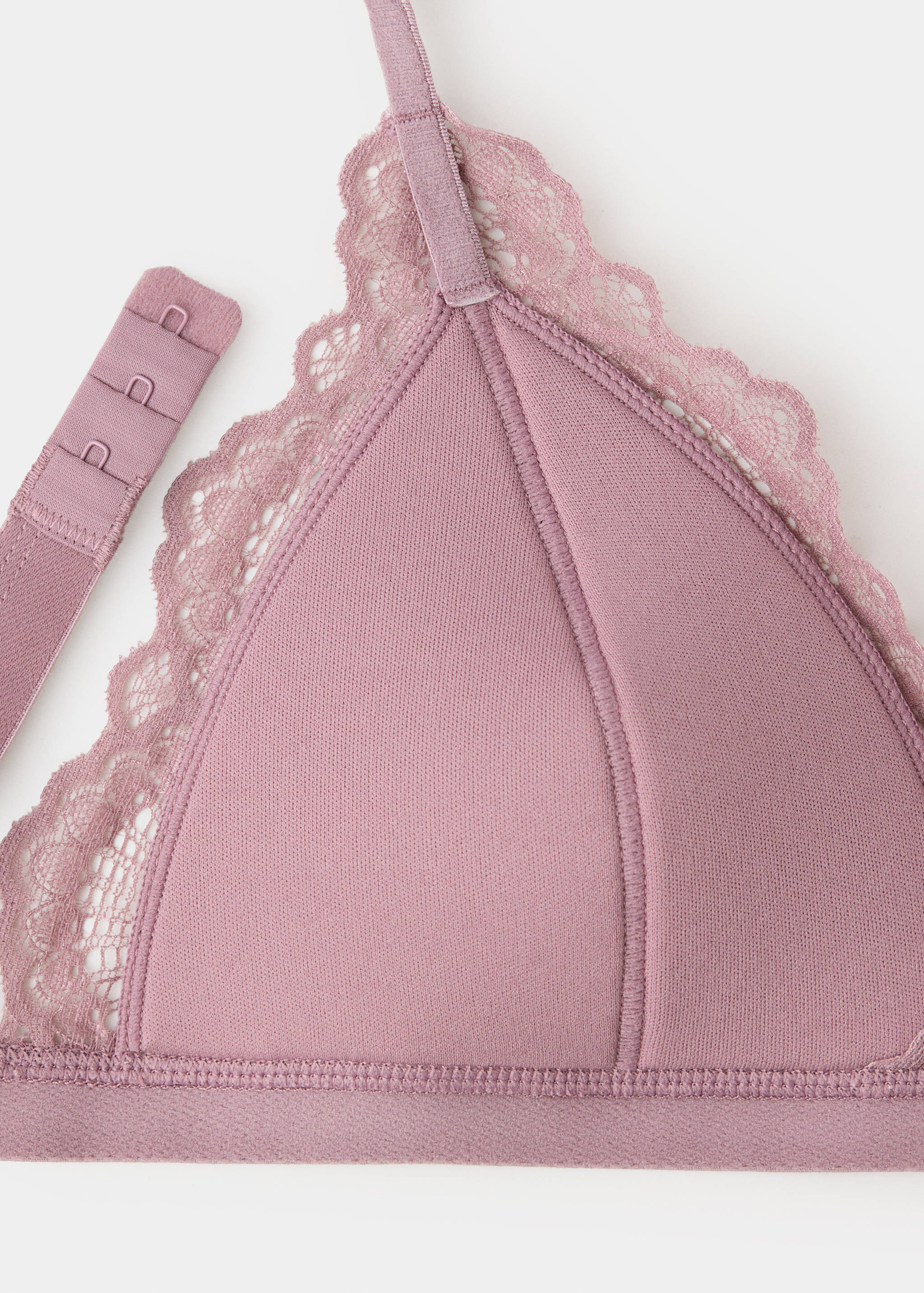 Mauve lace bralette fabric detail showing cup and trim.