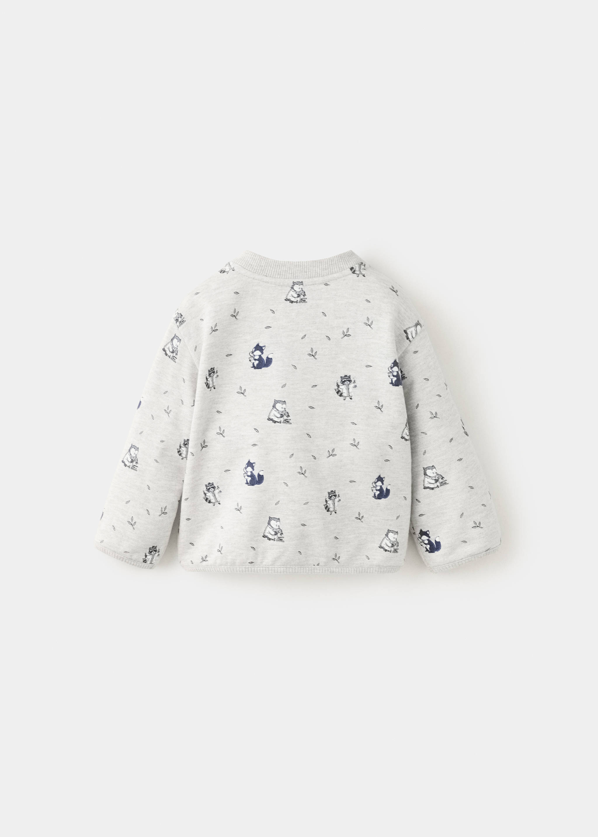 Grey children's sweatshirt with woodland animal print, shown from the back.