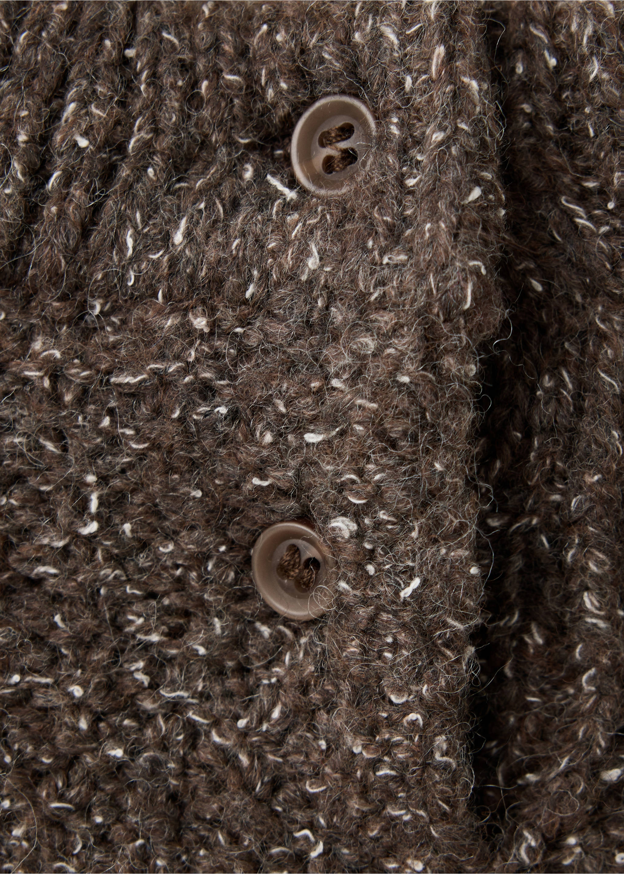 Close-up of a brown speckled knit sweater featuring two buttons., Brown. Ref: 37067933-00.