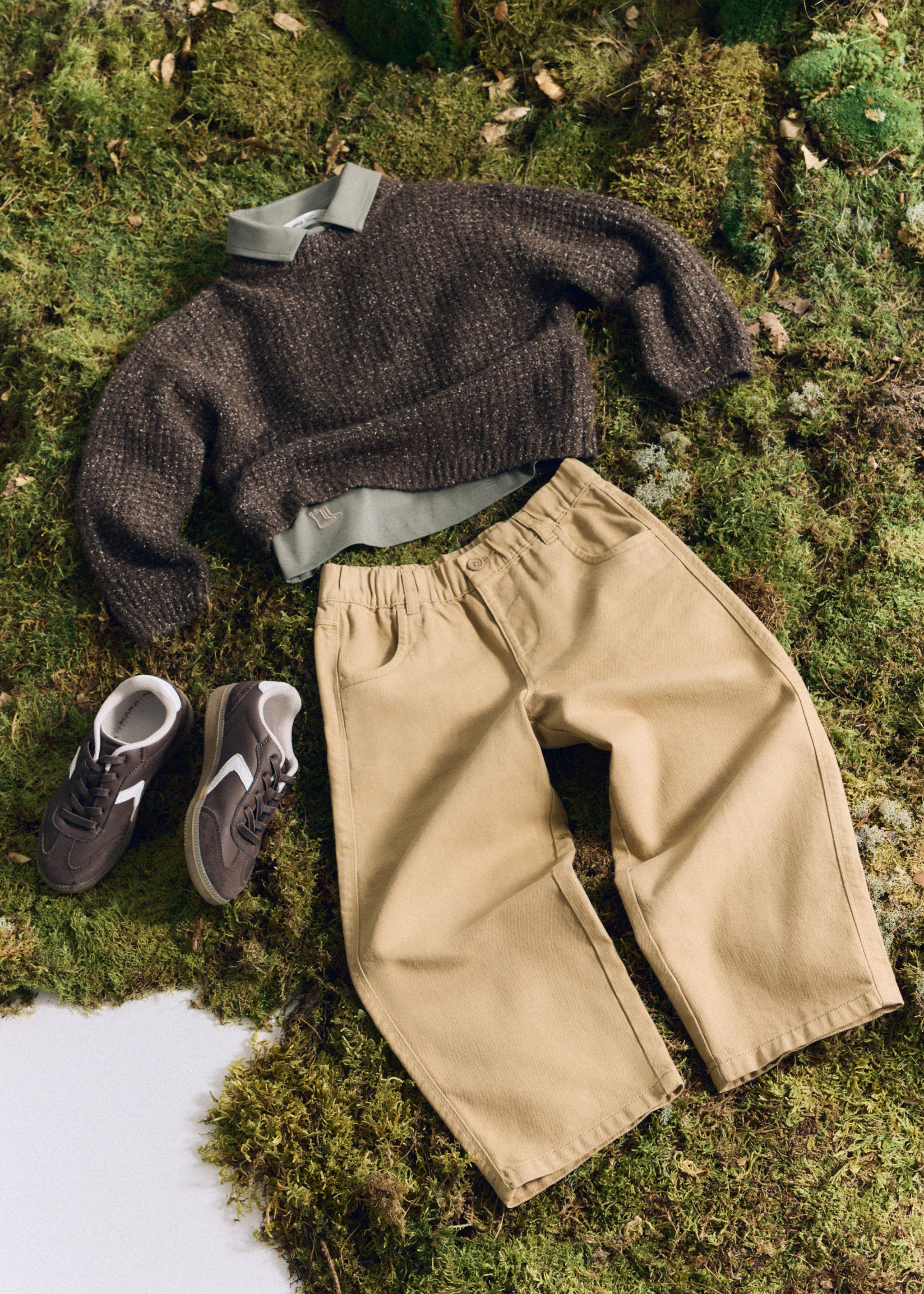 Brown speckled knit jumper with sage green polo shirt and camel trousers., Brown. Ref: 37067933-00.