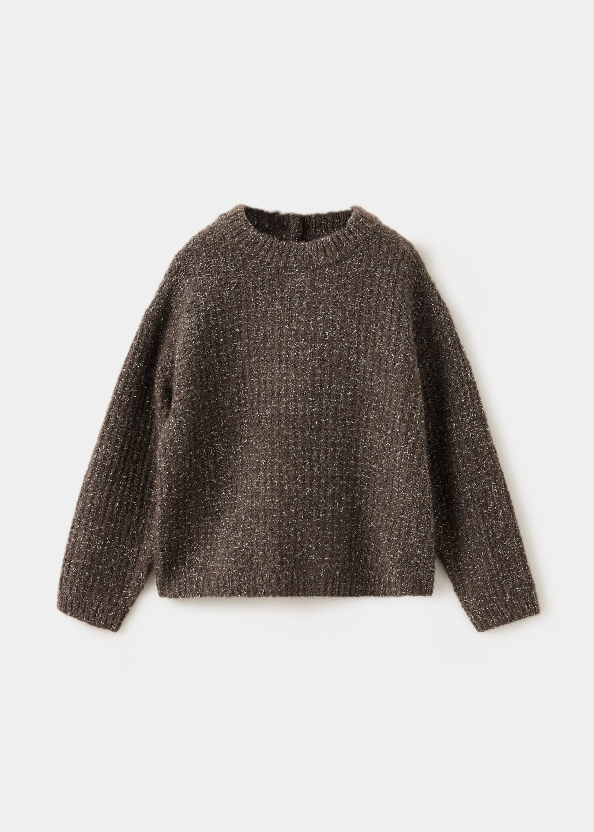 Dark brown melange knit jersey with a crew neck and ribbed texture.