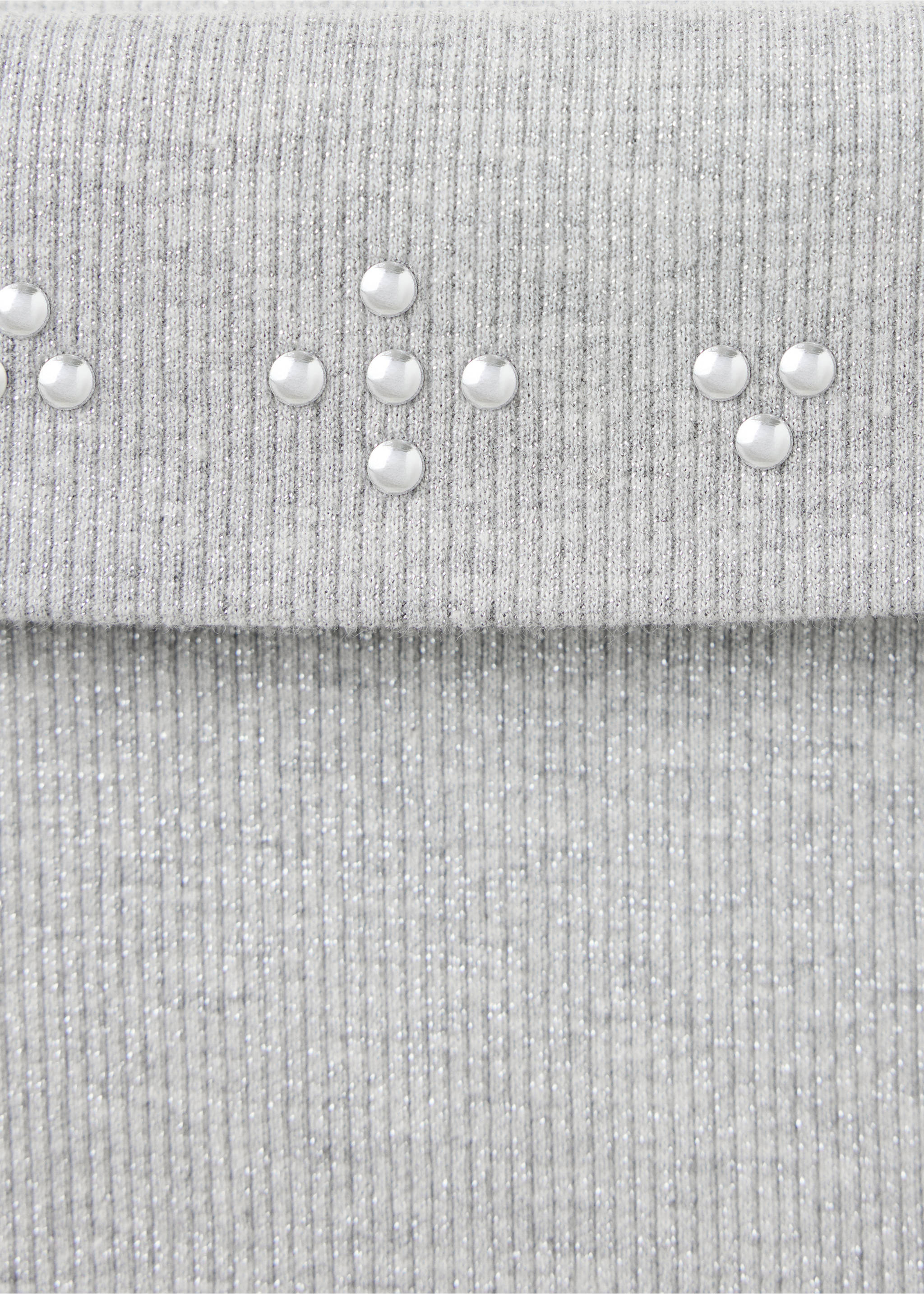 Close-up of a grey ribbed knit top with silver stud embellishments., Light Heather Grey. Ref: 37067936-00.