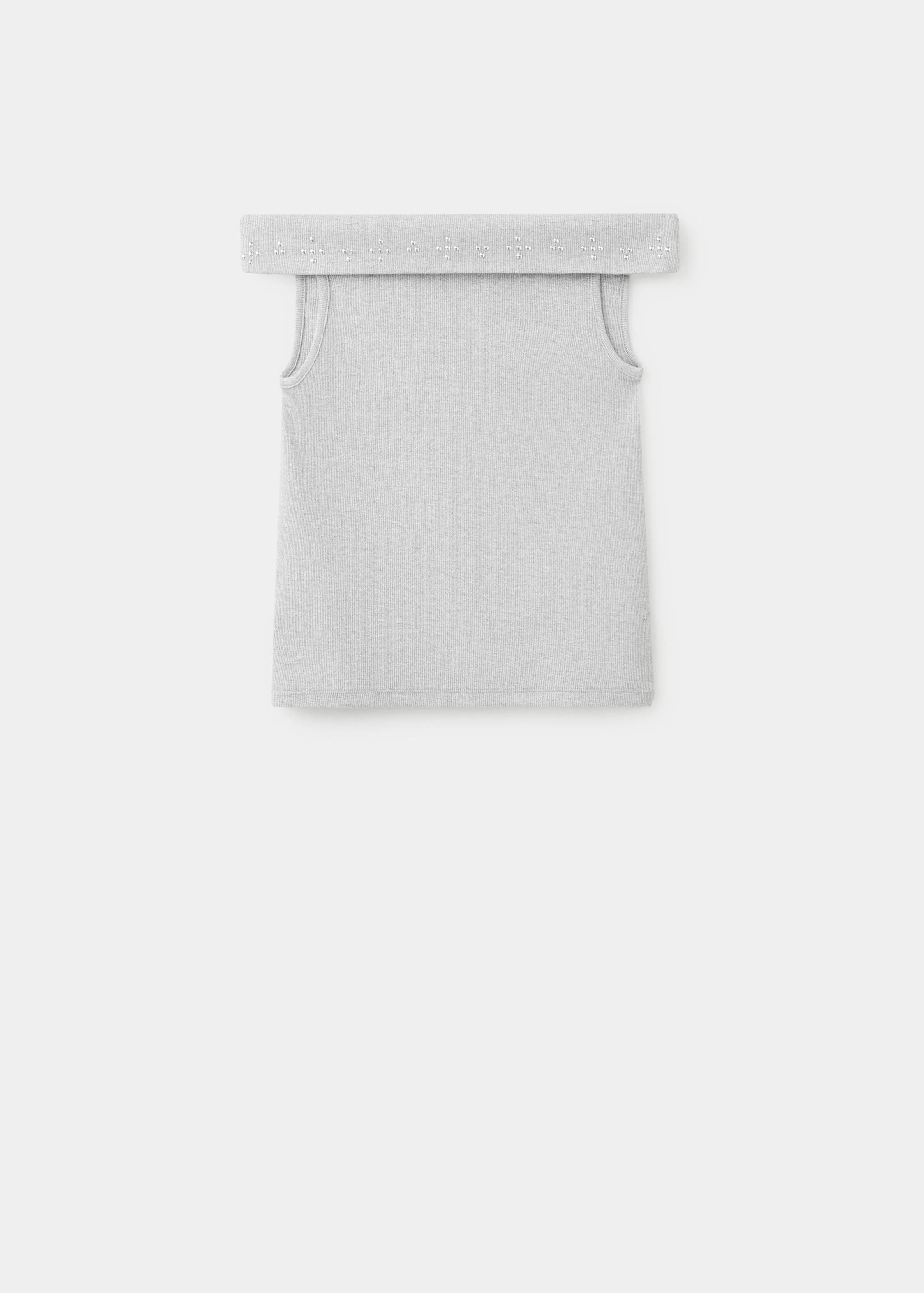 Grey off-the-shoulder top with a rhinestone-embellished folded collar