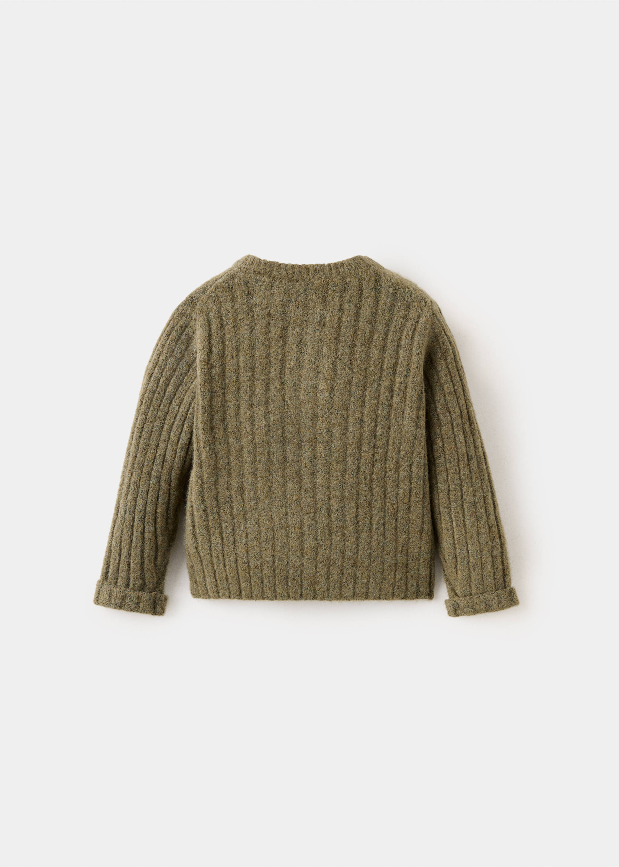 Back view of an olive green ribbed knit kids' jersey with folded cuffs., Khaki. Ref: 37067937-00.
