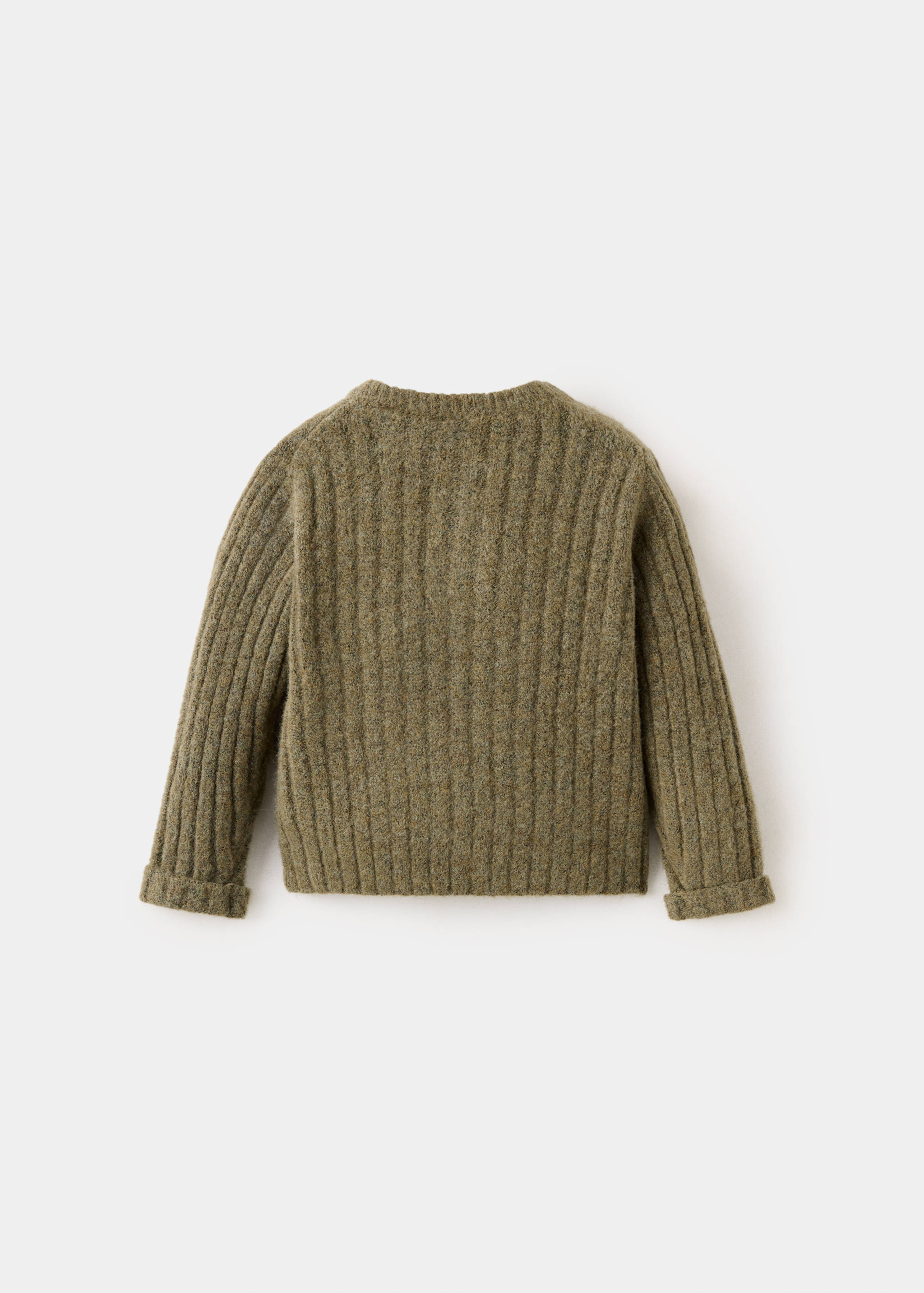 Back view of an olive green ribbed knit kids' jersey with folded cuffs.