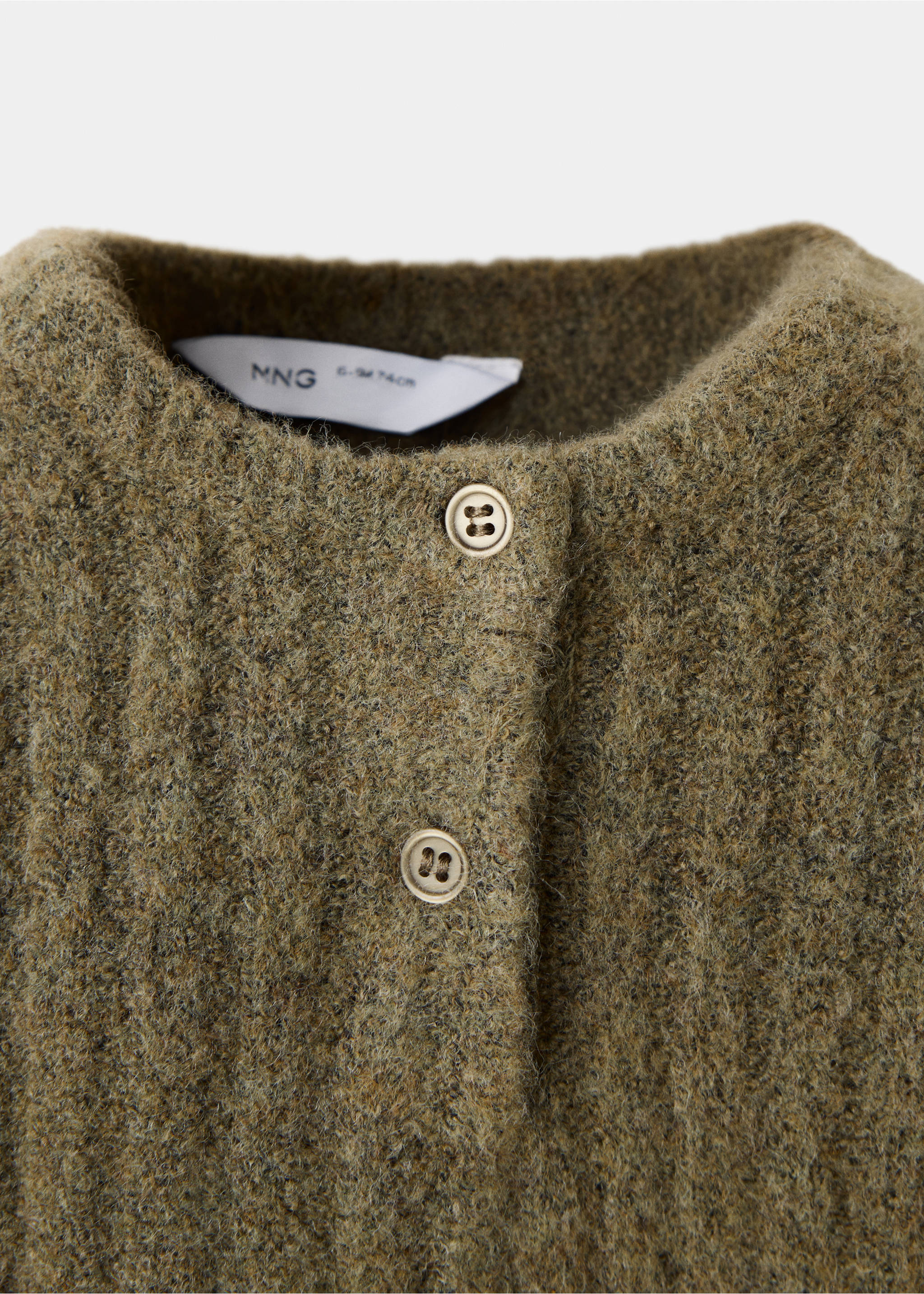 Close-up of a green knitted kids jersey featuring a button placket., Khaki. Ref: 37067937-00.