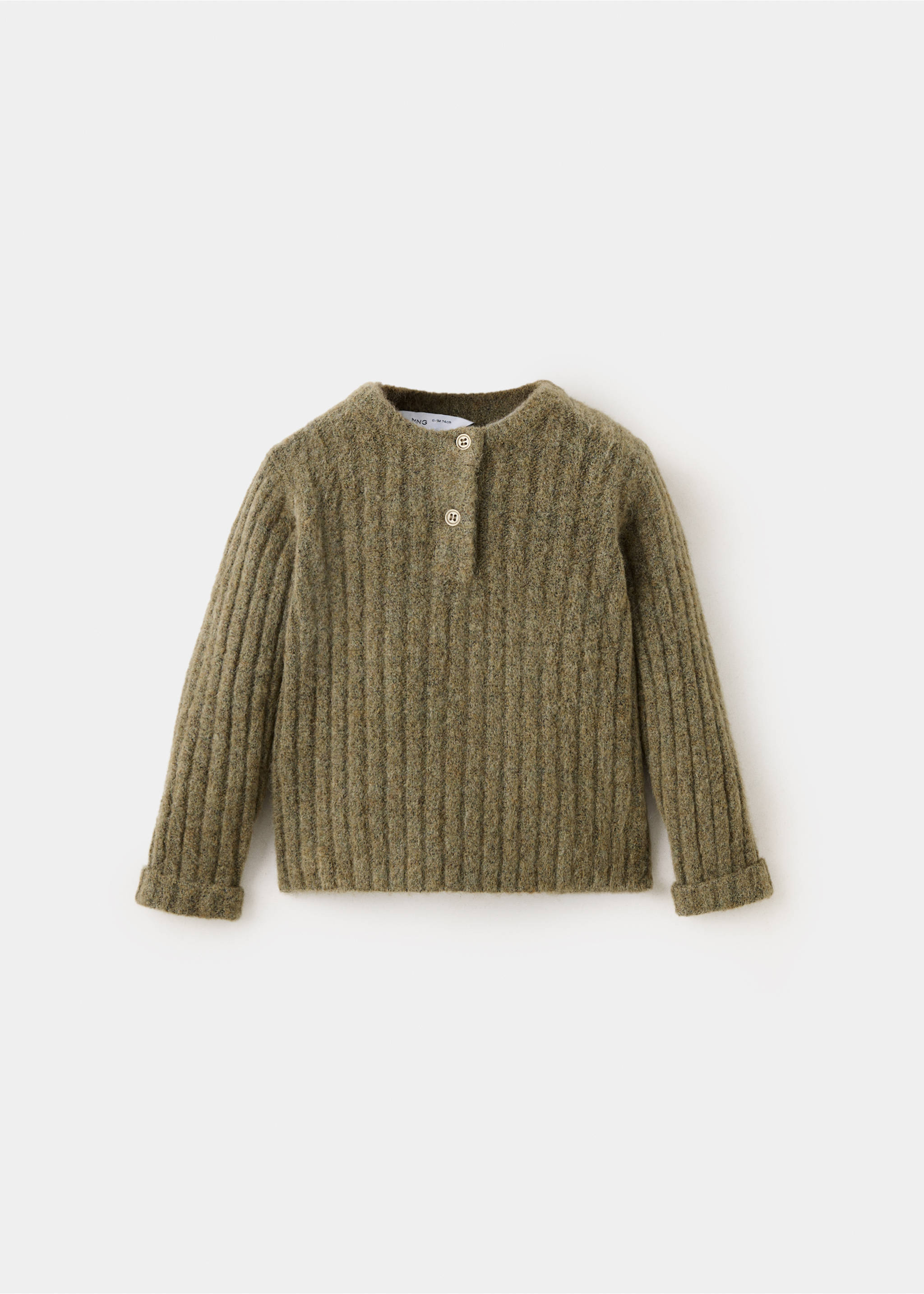 Olive green ribbed knit jersey with a round neck and short button placket., Khaki. Ref: 37067937-00.