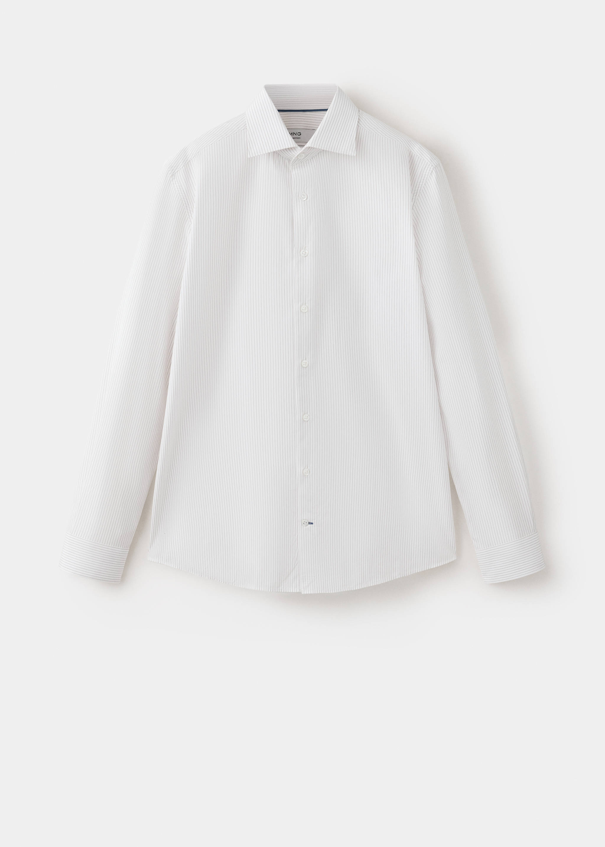 White striped long-sleeve shirt with a classic collar and button placket.