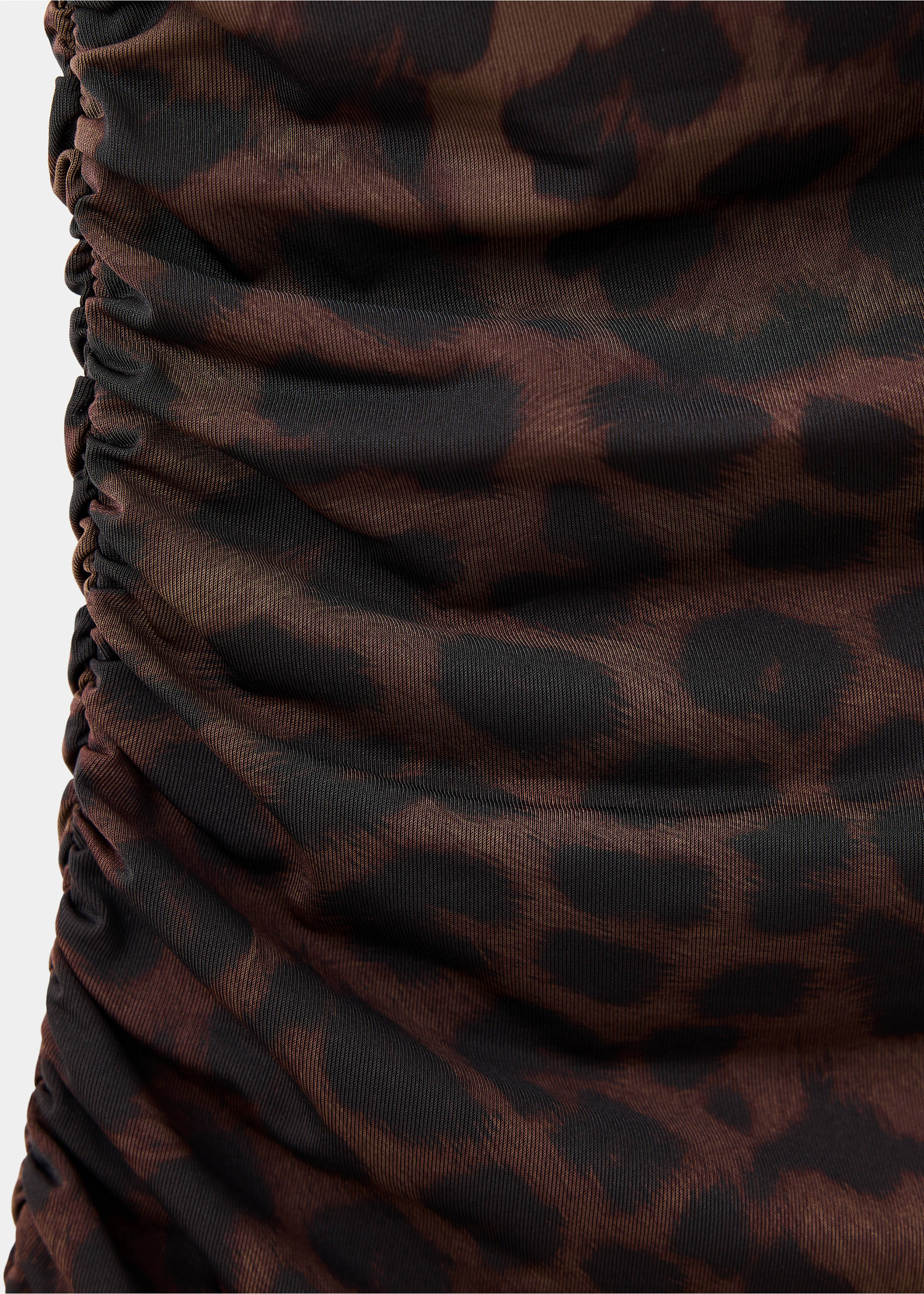 Brown animal print dress fabric detail with gathered side ruching., Brown. Ref: 37067940-00.