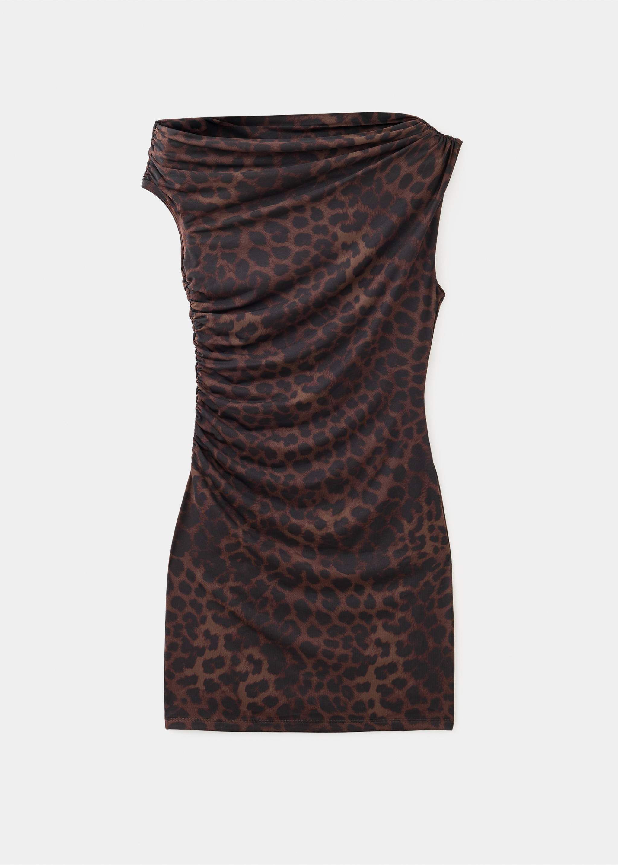 Brown leopard-print short dress with an asymmetrical draped neckline and ruched side., Brown. Ref: 37067940-00.