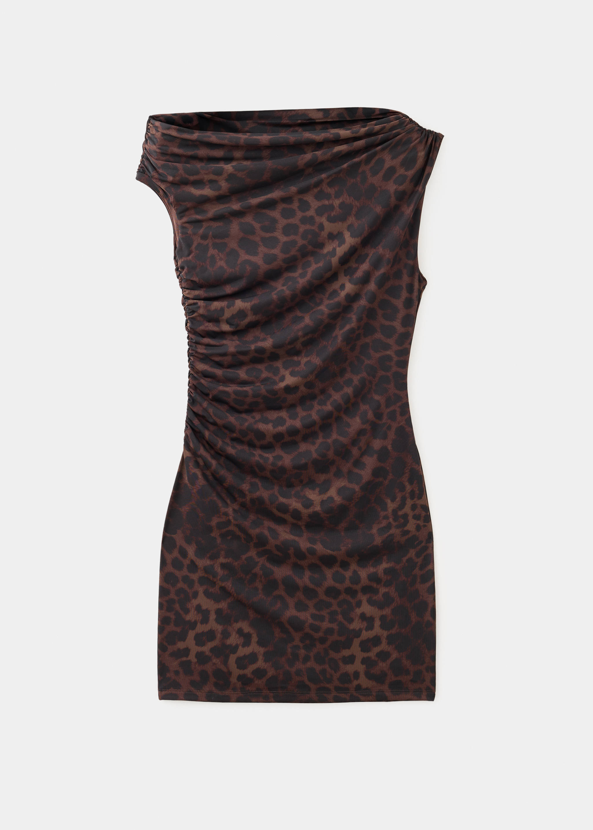 Brown leopard-print short dress with an asymmetrical draped neckline and ruched side.