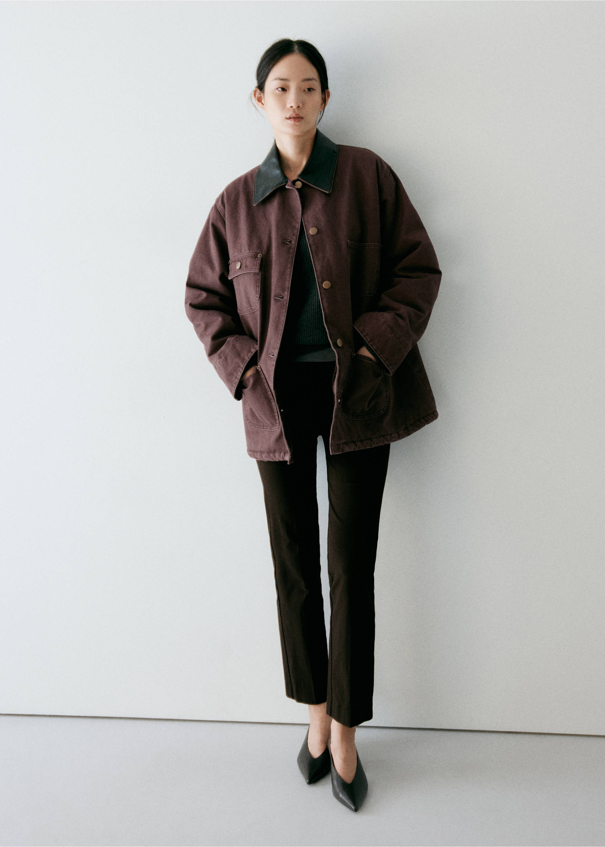 Burgundy parka with a contrasting dark collar and patch pockets., Maroon. Ref: 37068265-00.