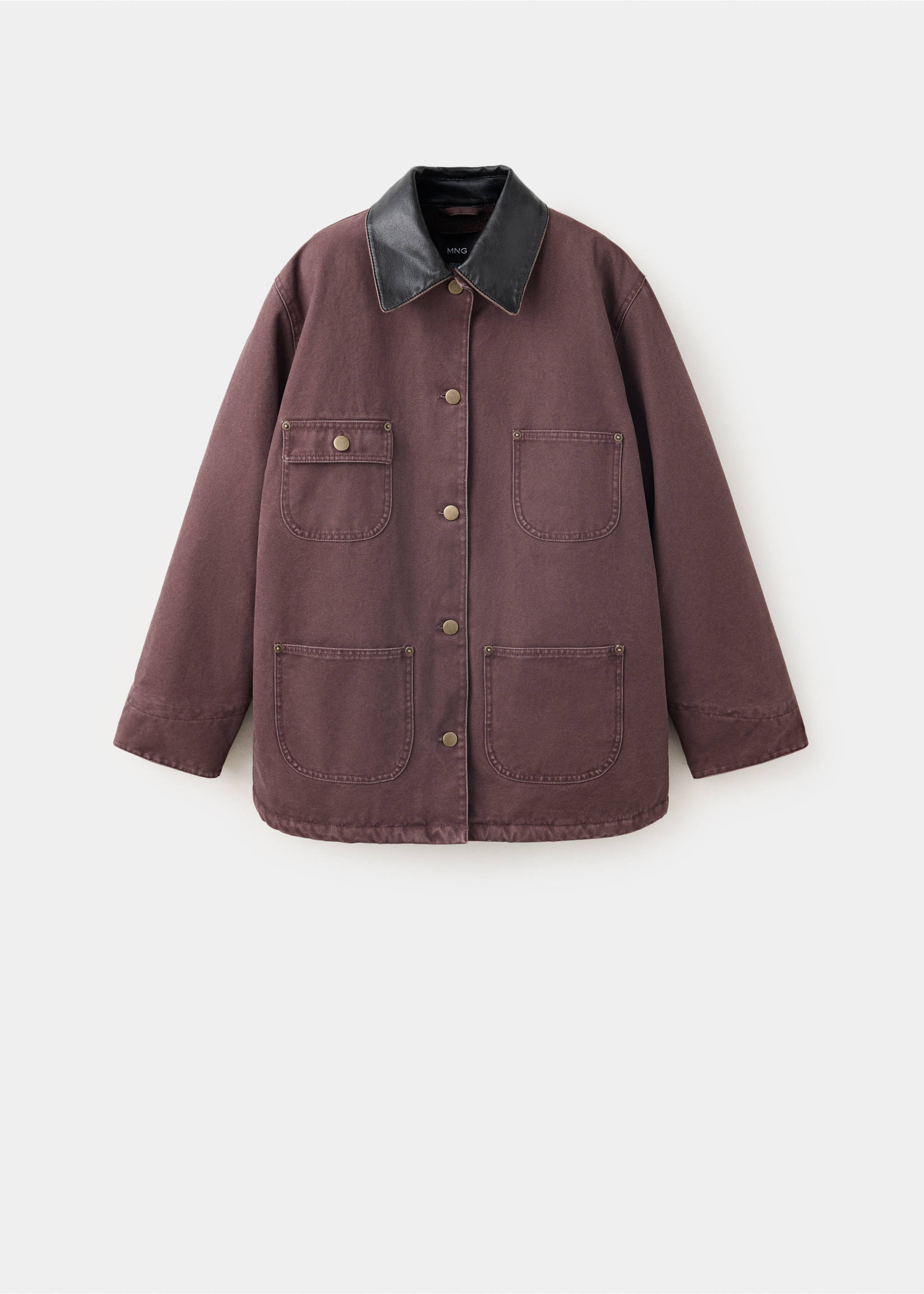 Dark brown parka with a black collar and front patch pockets., Maroon. Ref: 37068265-00.