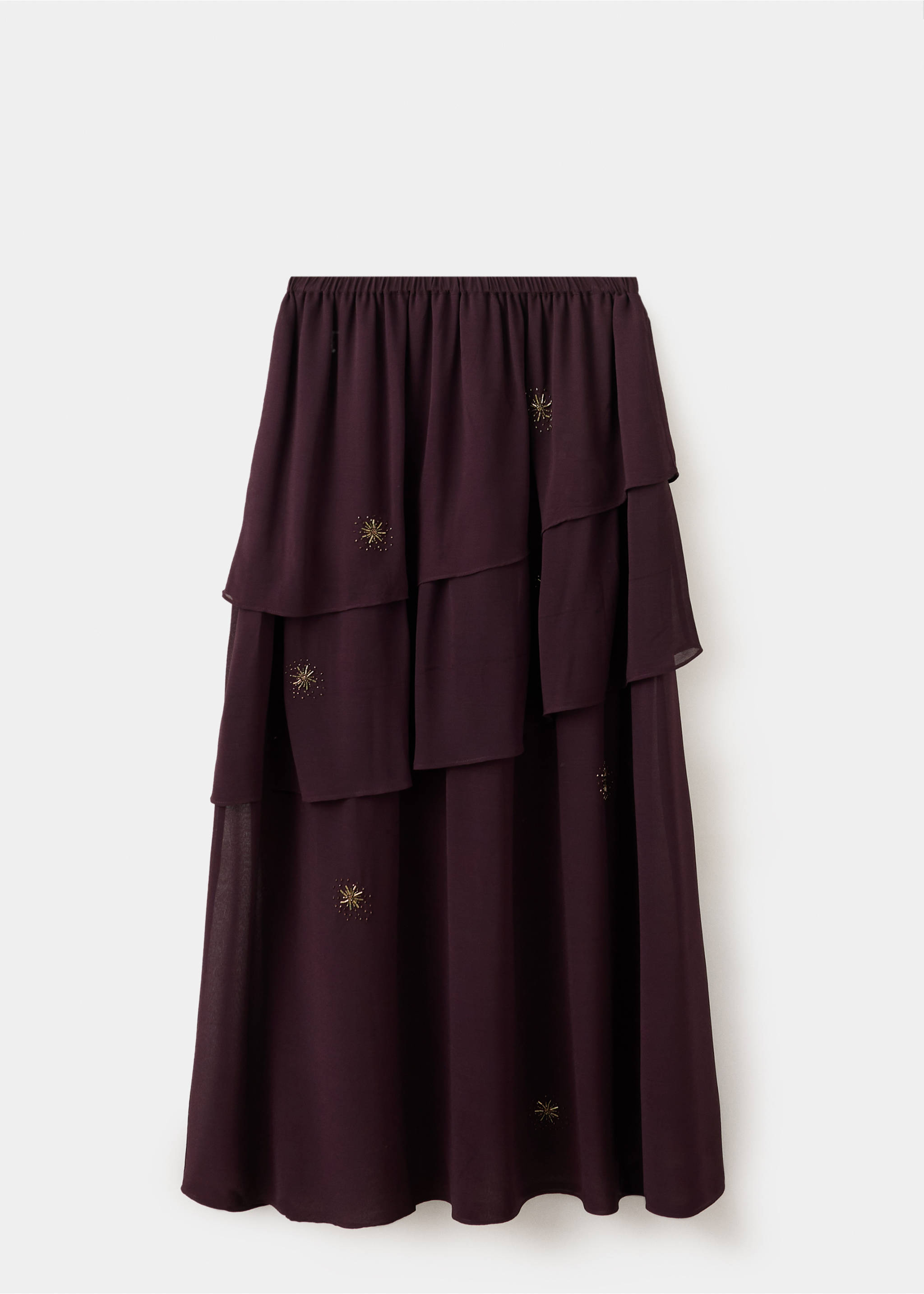 Burgundy tiered teen skirt with ruffled panels and gold bead embellishments., Brown. Ref: 37068272-00.