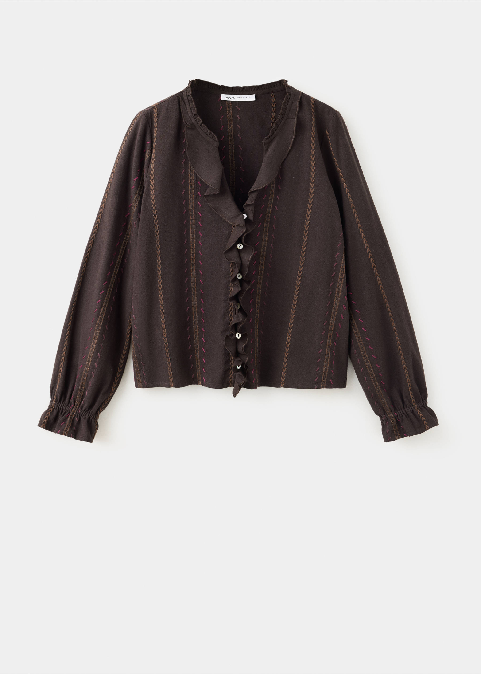 Dark brown embroidered long-sleeve shirt with ruffled V-neck, Brown. Ref: 37068276-00.