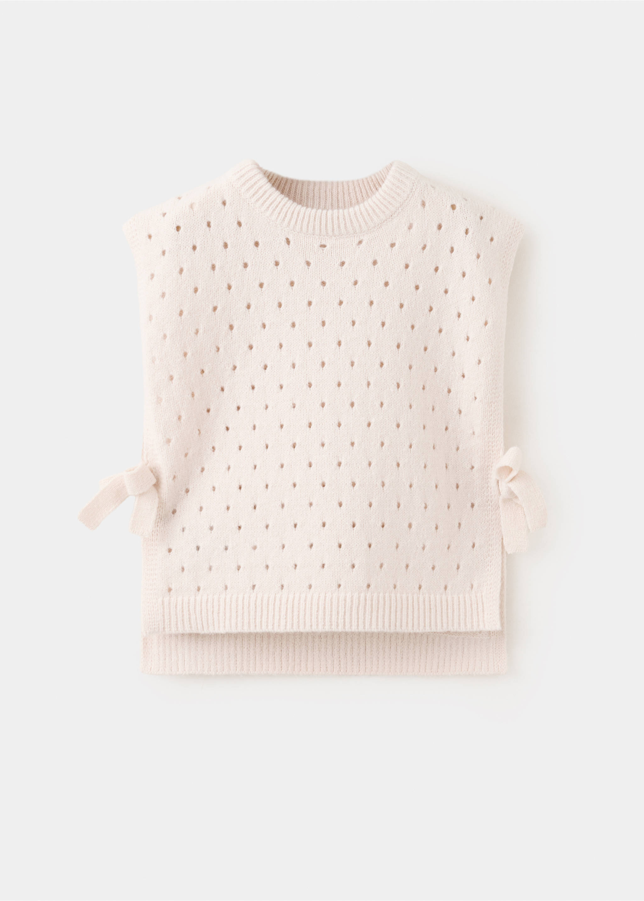 Cream knit pointelle sweater vest with ribbed trim and side ties., Ivory White. Ref: 37068277-00.