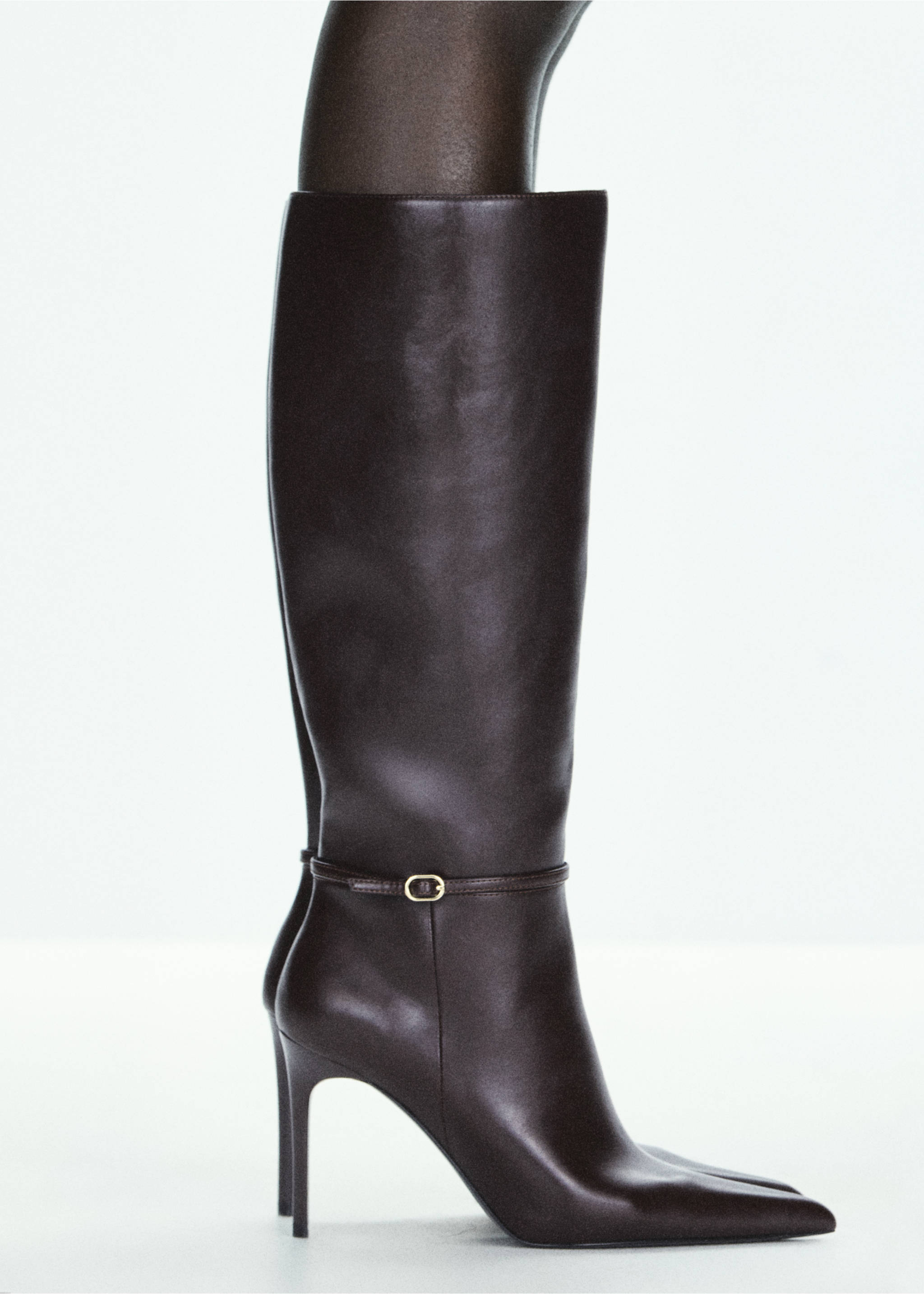 Dark brown knee-high heeled boot with a pointed toe and ankle strap., Chocolate. Ref: 37068279-00.