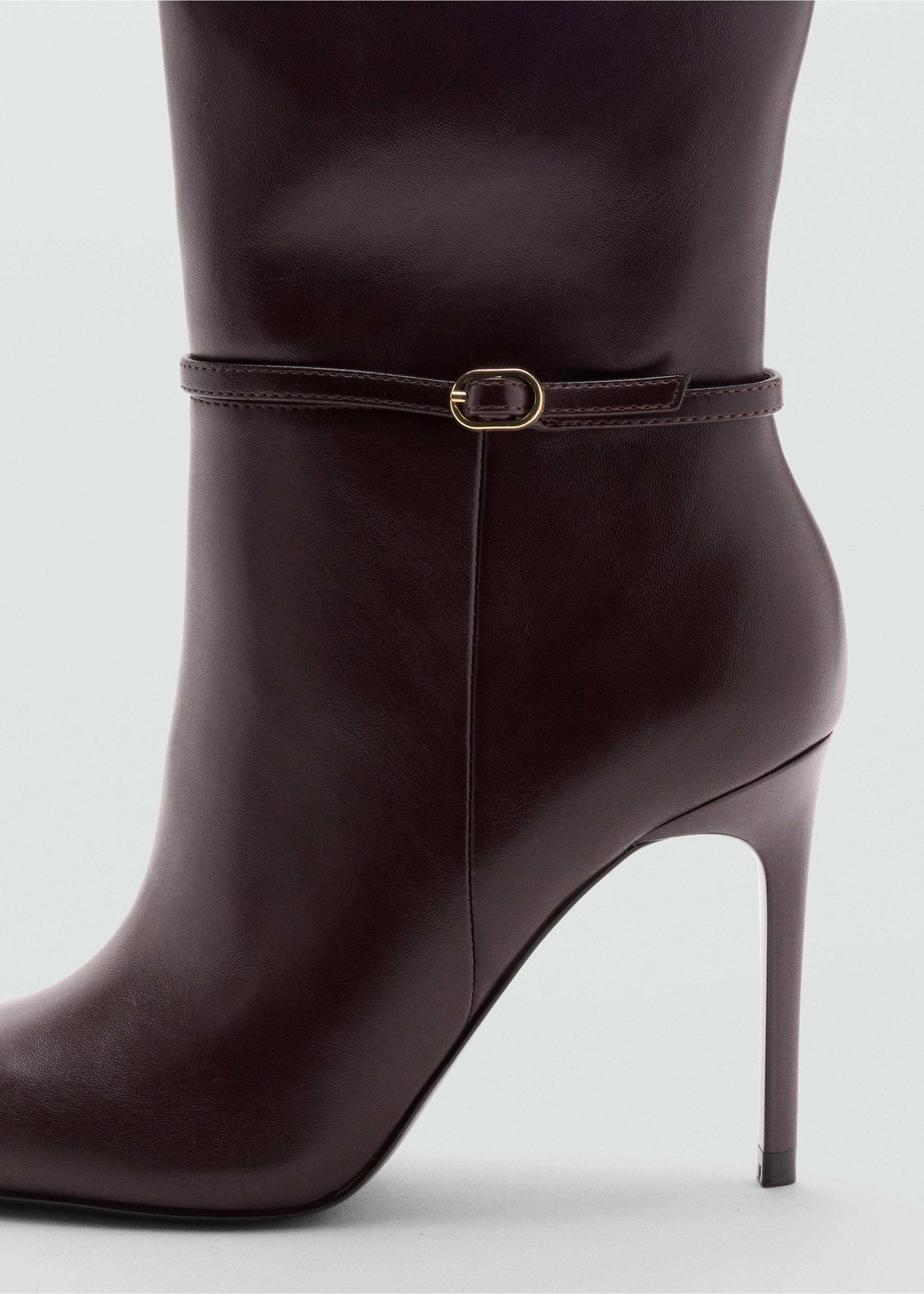 Burgundy high-heeled boot with a thin ankle strap and gold buckle., Chocolate. Ref: 37068279-00.
