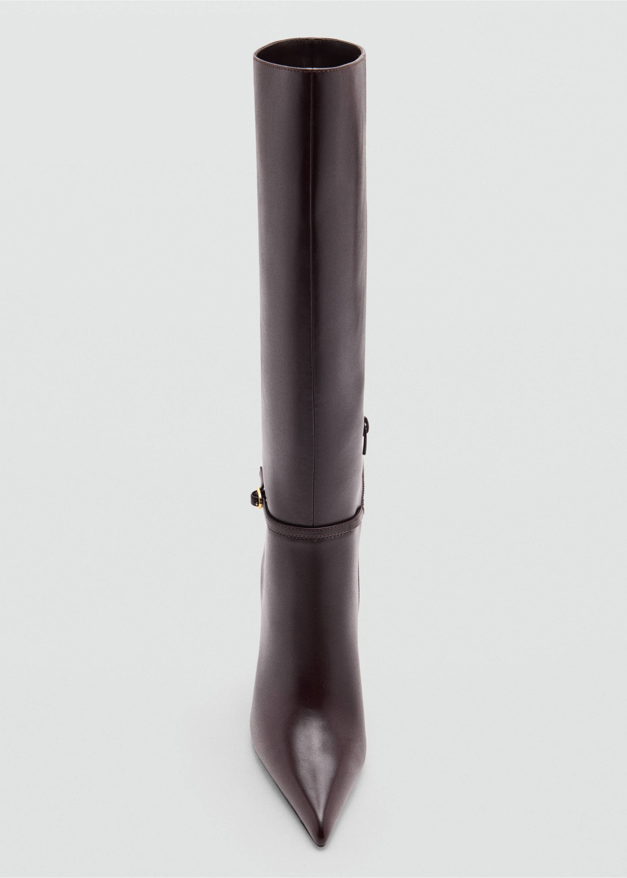 Dark brown leather knee-high boot with a pointed toe and ankle strap., Chocolate. Ref: 37068279-00.