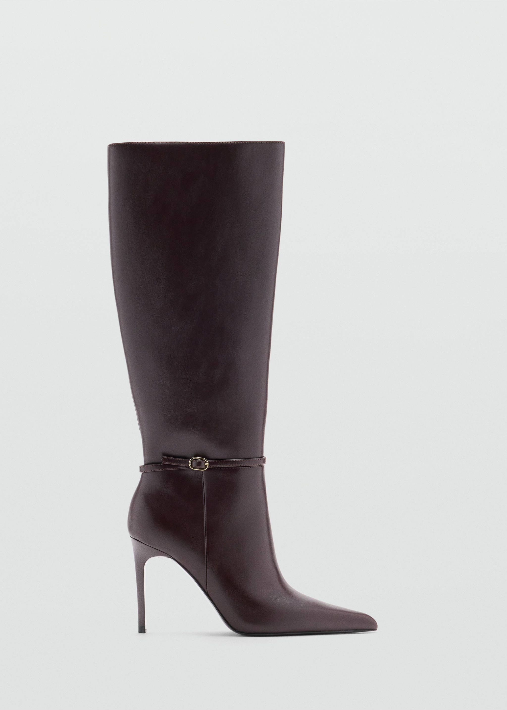 Burgundy knee-high boot with a pointed toe, slim stiletto heel, and buckled ankle strap., Chocolate. Ref: 37068279-00.