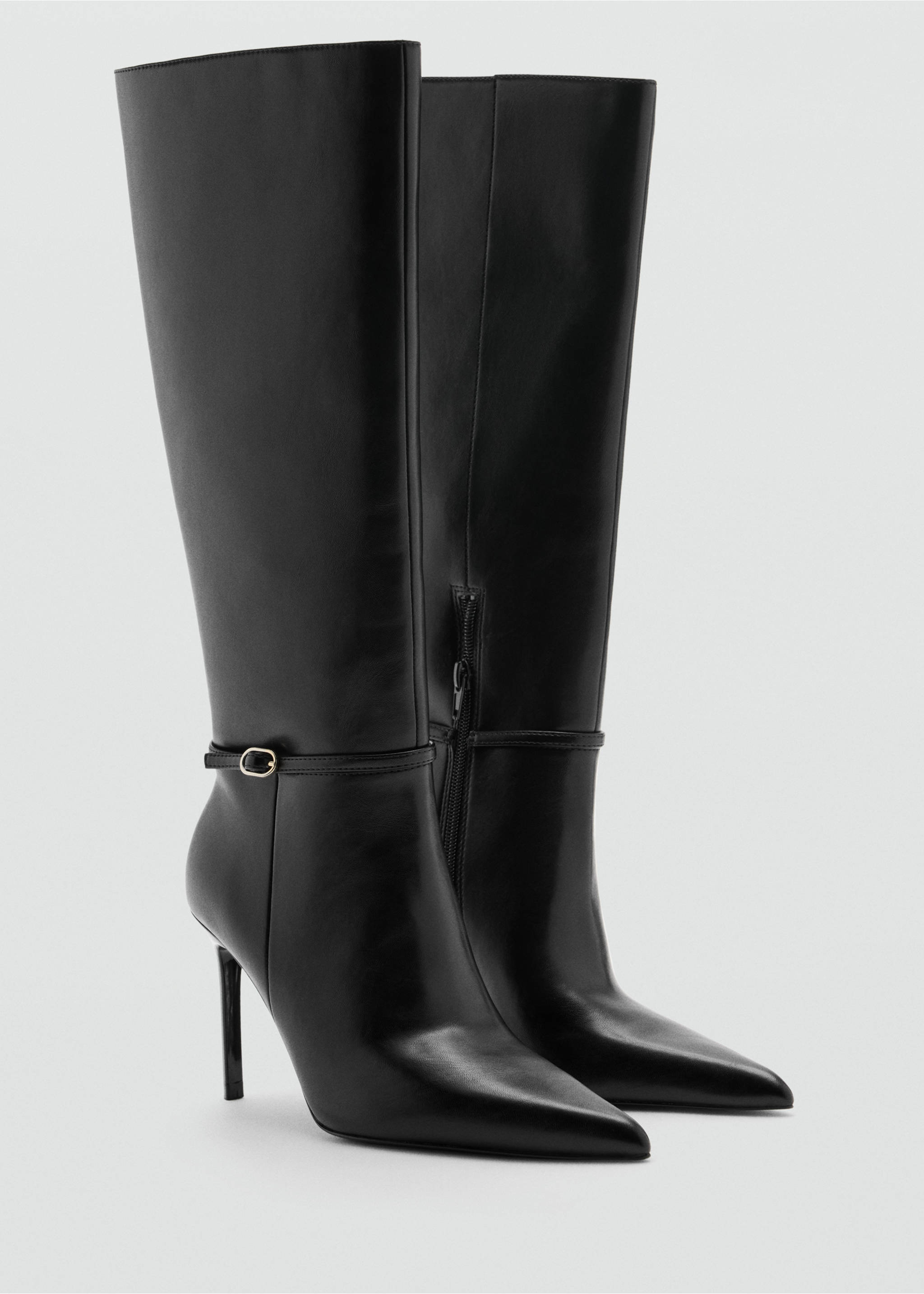 Black leather knee-high boots with pointed toes, stiletto heels, and buckled ankle straps., Black. Ref: 37068279-00.