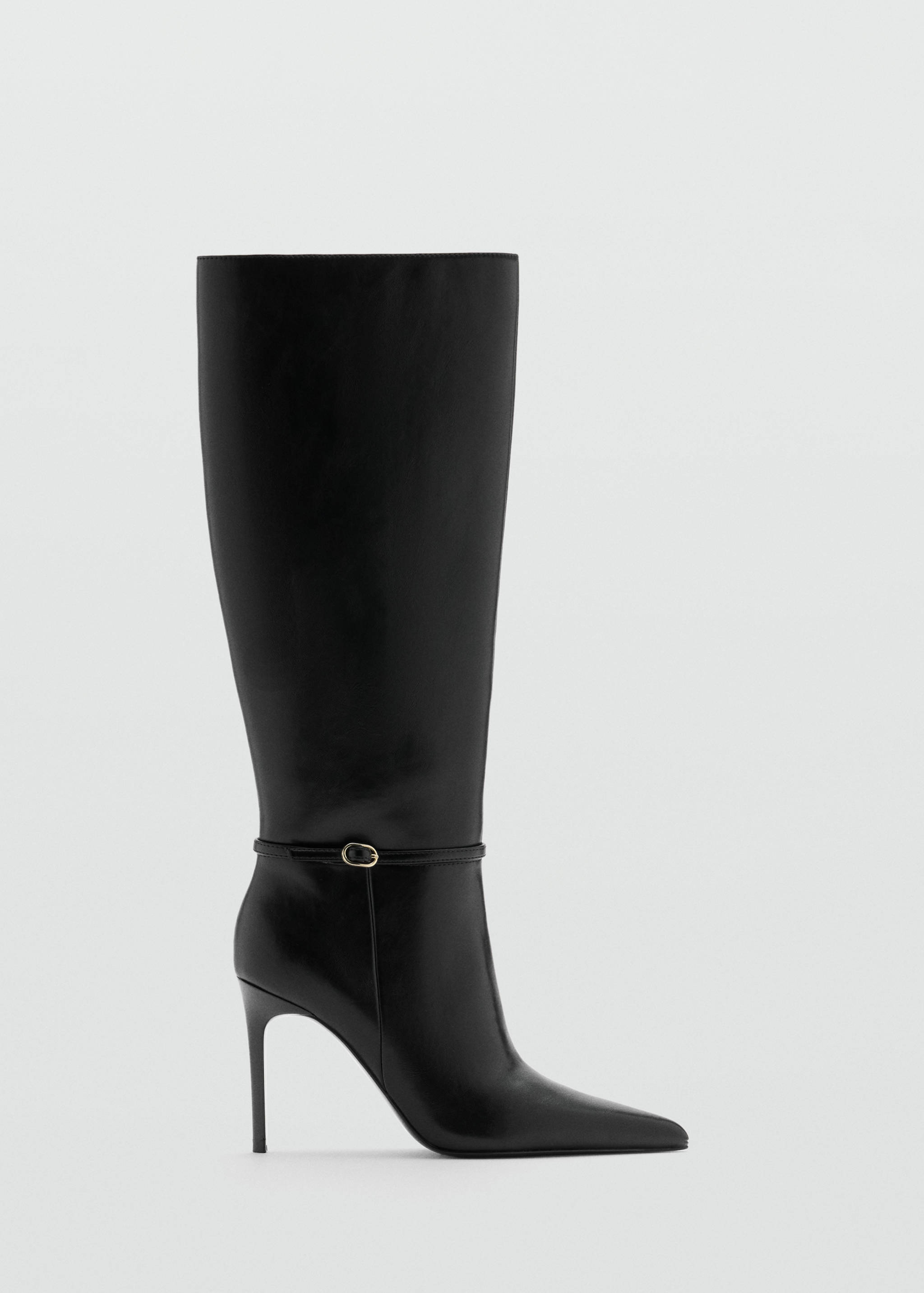 Black leather high-heeled knee-high boot with a pointed toe and an ankle strap with a gold buckle.