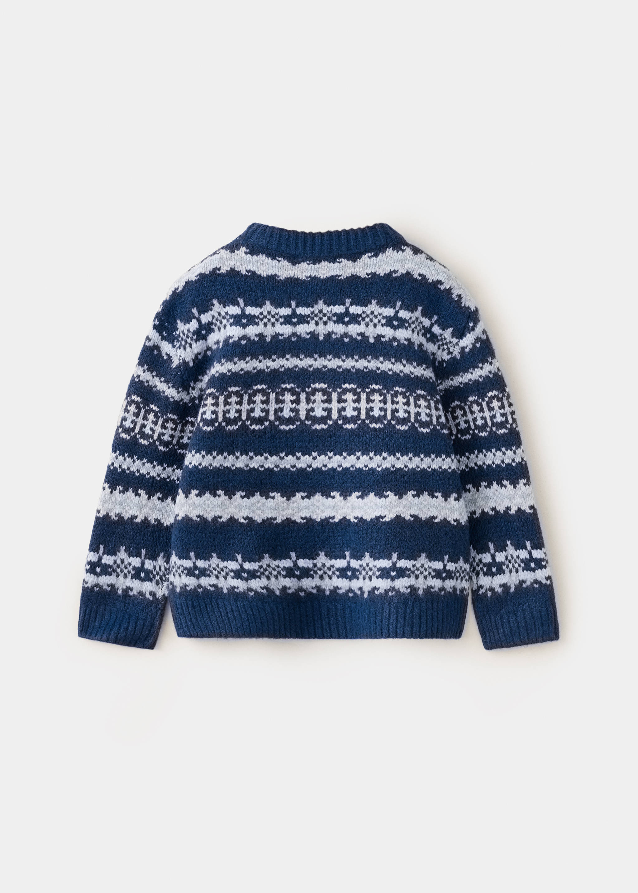 Blue kids' knit jersey with a white Fair Isle pattern, back view.