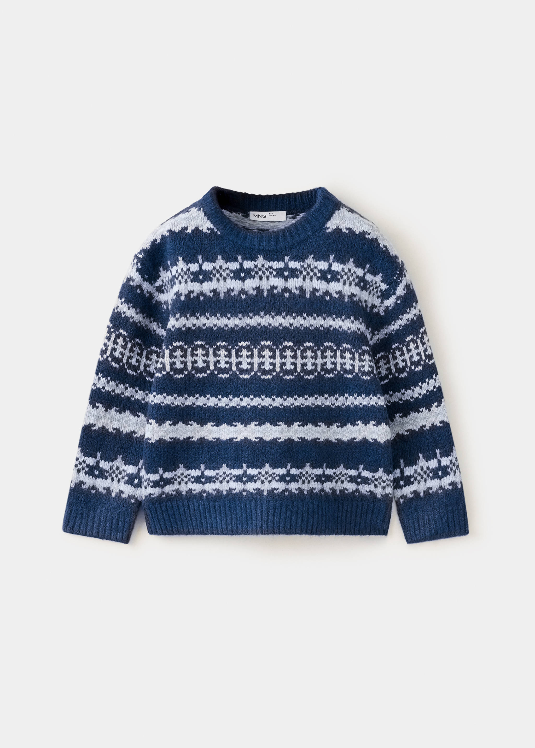 Dark blue kids' knit jersey sweater with a light grey Fair Isle pattern and ribbed trim.